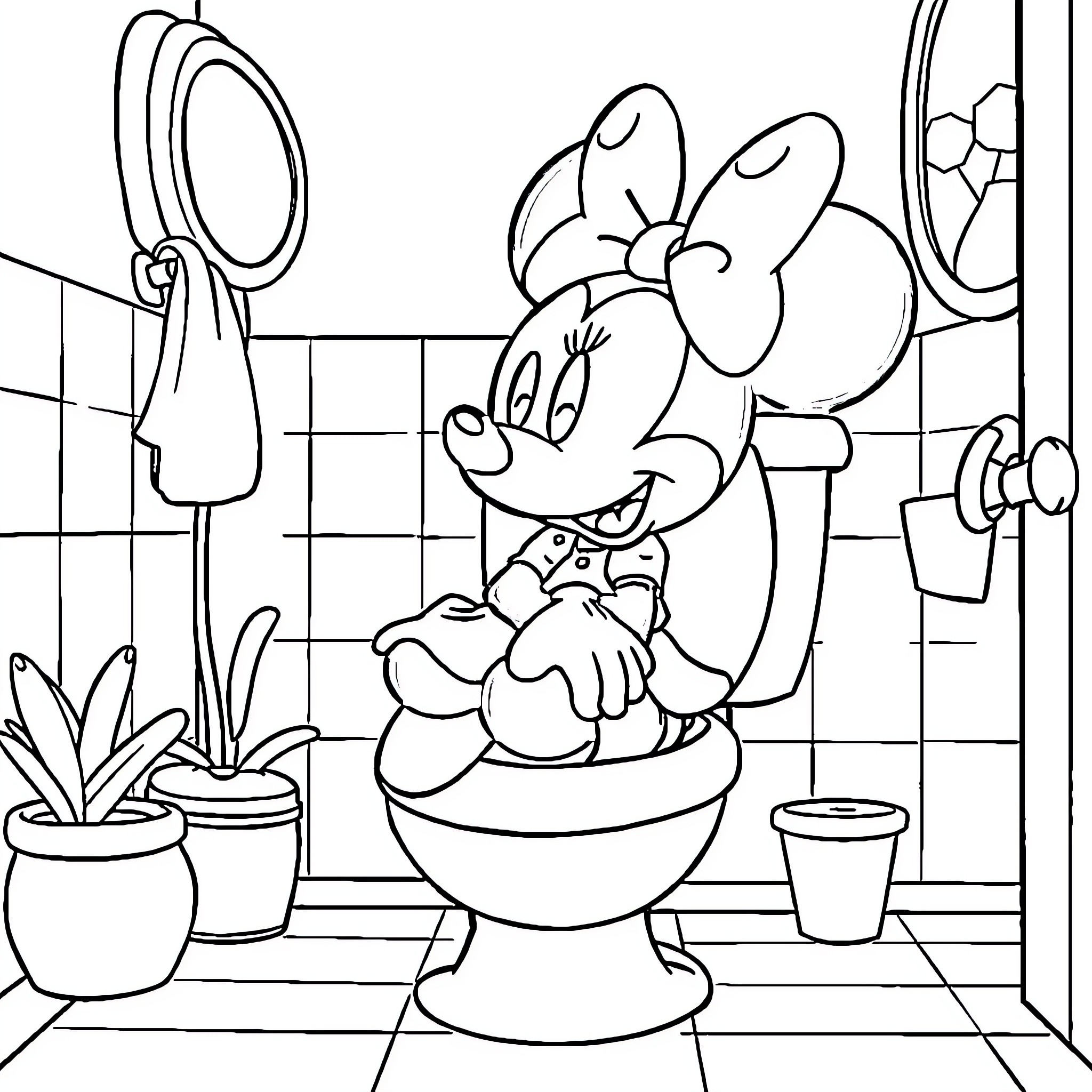 Minnie Mouse enjoying a relaxing bubble bath Coloring Page (free black-and-white line drawing printable PDF for all, from beginners to advanced learners, including children, teens, adults, and seniors)