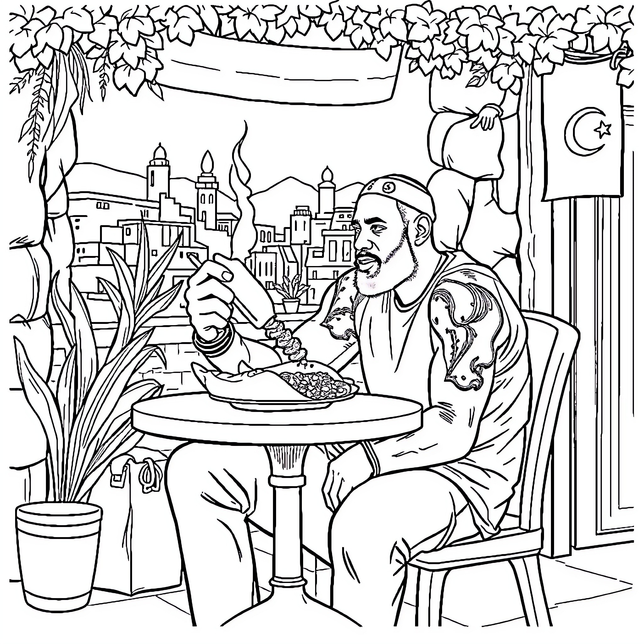 LeBron James enjoying traditional Middle Eastern meal Coloring Page (free black-and-white line drawing printable PDF for all, from beginners to advanced learners, including children, teens, adults, and seniors)