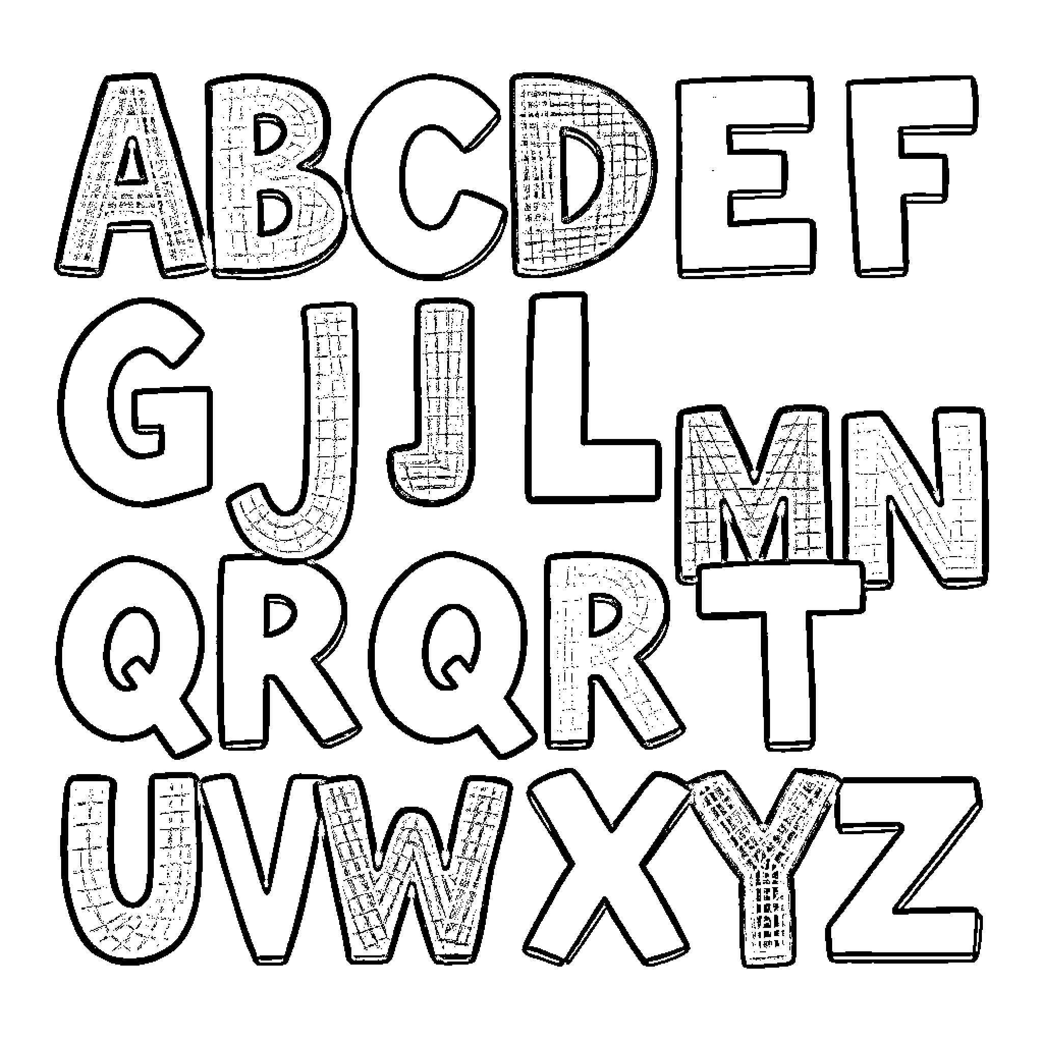 Alphabet Letters Stylized in Doodle Art Coloring Page (free black-and-white line drawing printable PDF for all, from beginners to advanced learners, including children, teens, adults, and seniors)