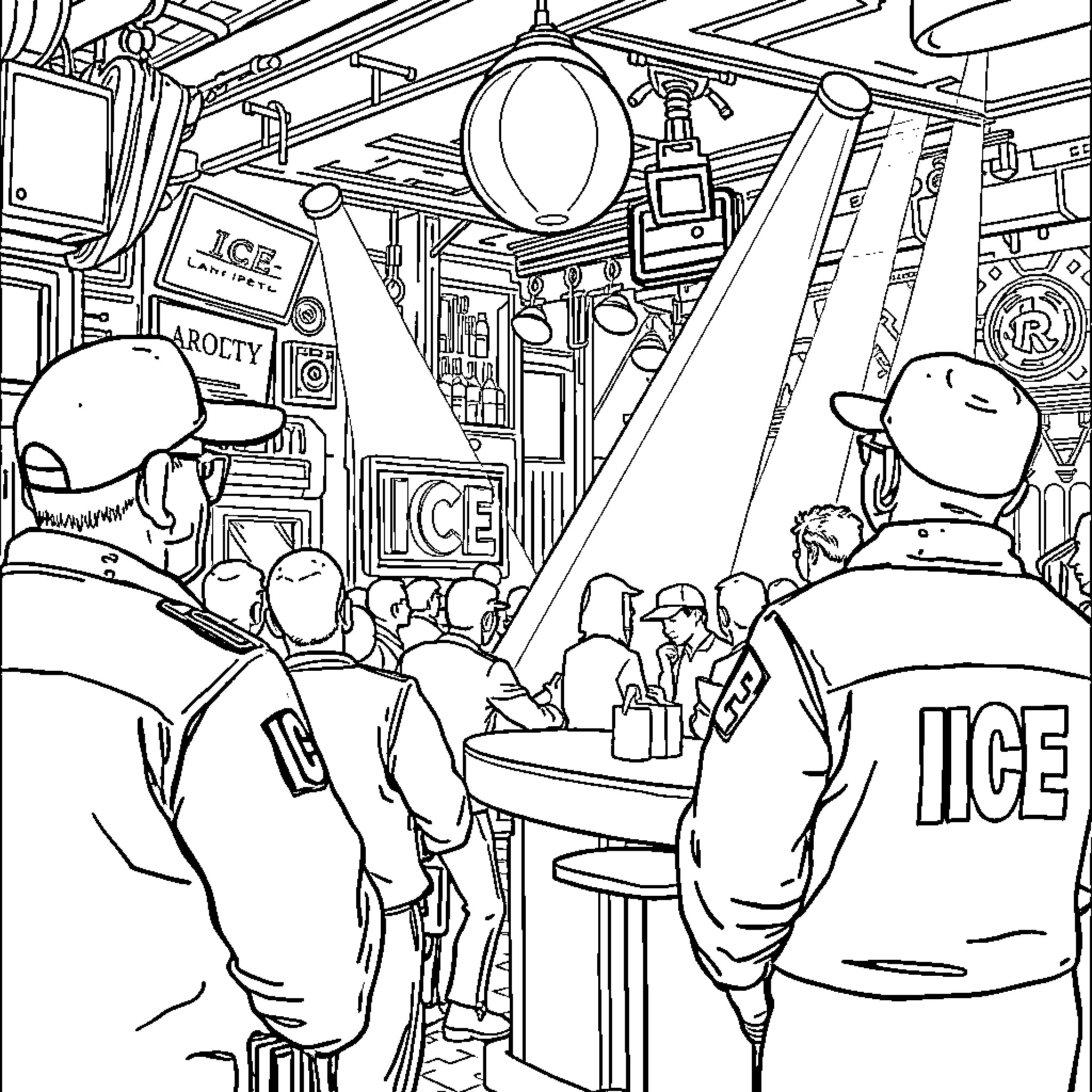 Agent Inspecting an Icy Scene at the Ice Shop Coloring Page (free black-and-white line drawing printable PDF for all, from beginners to advanced learners, including children, teens, adults, and seniors)