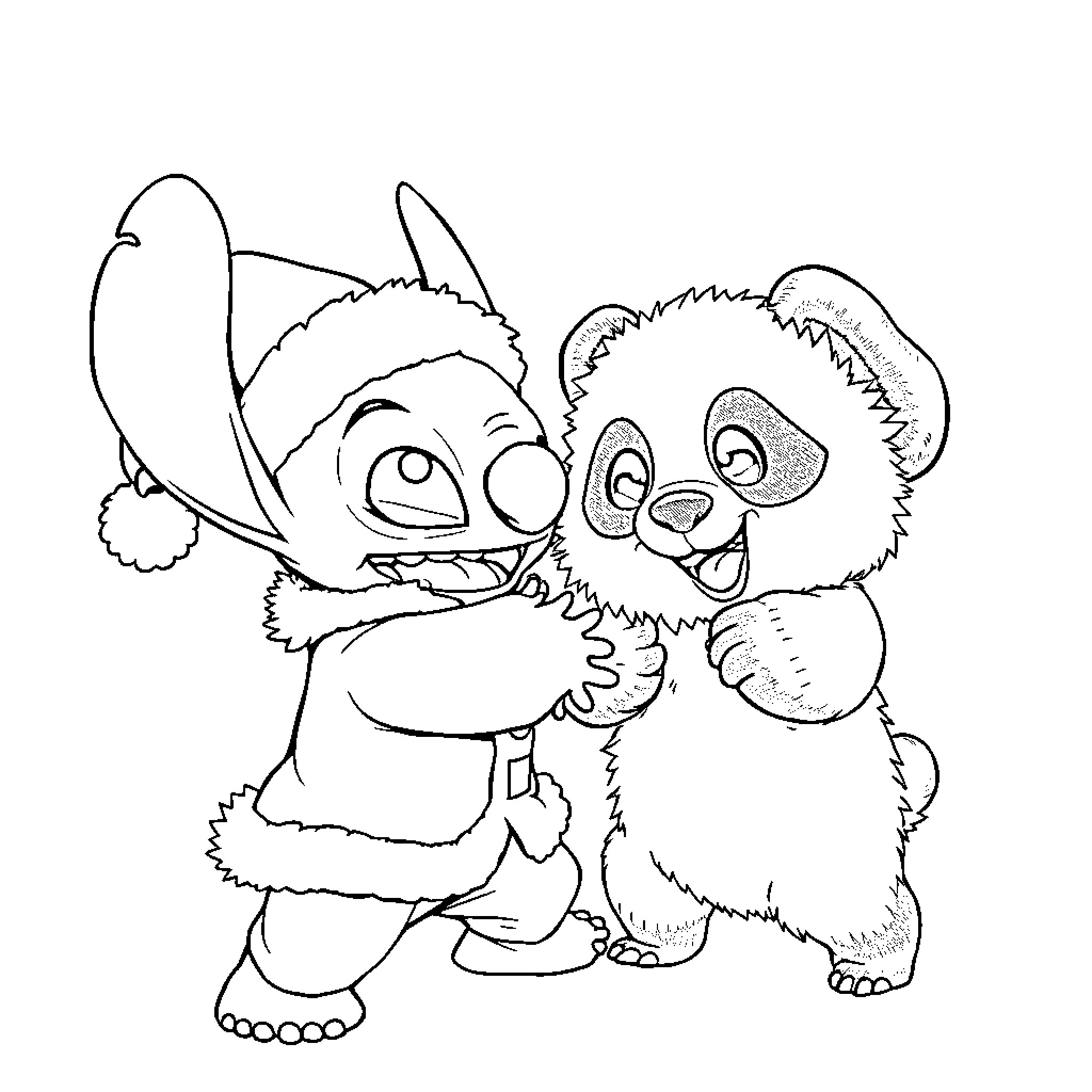 Stitch and Panda Enjoying Winter Fun Coloring Page (free black-and-white line drawing printable PDF for all, from beginners to advanced learners, including children, teens, adults, and seniors)