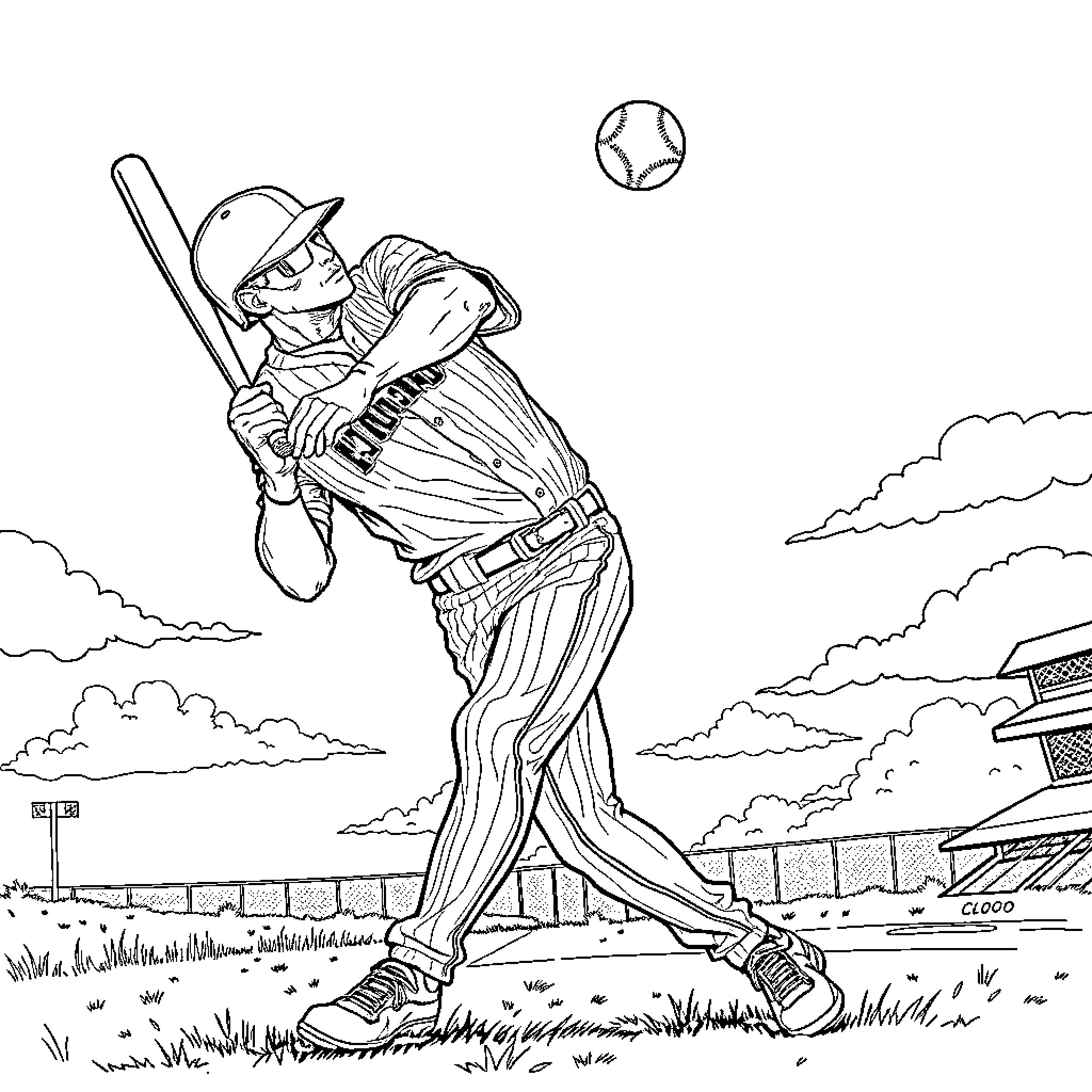 Micheal Massey playing baseball on the field Coloring Page (free black-and-white line drawing printable PDF for all, from beginners to advanced learners, including children, teens, adults, and seniors)