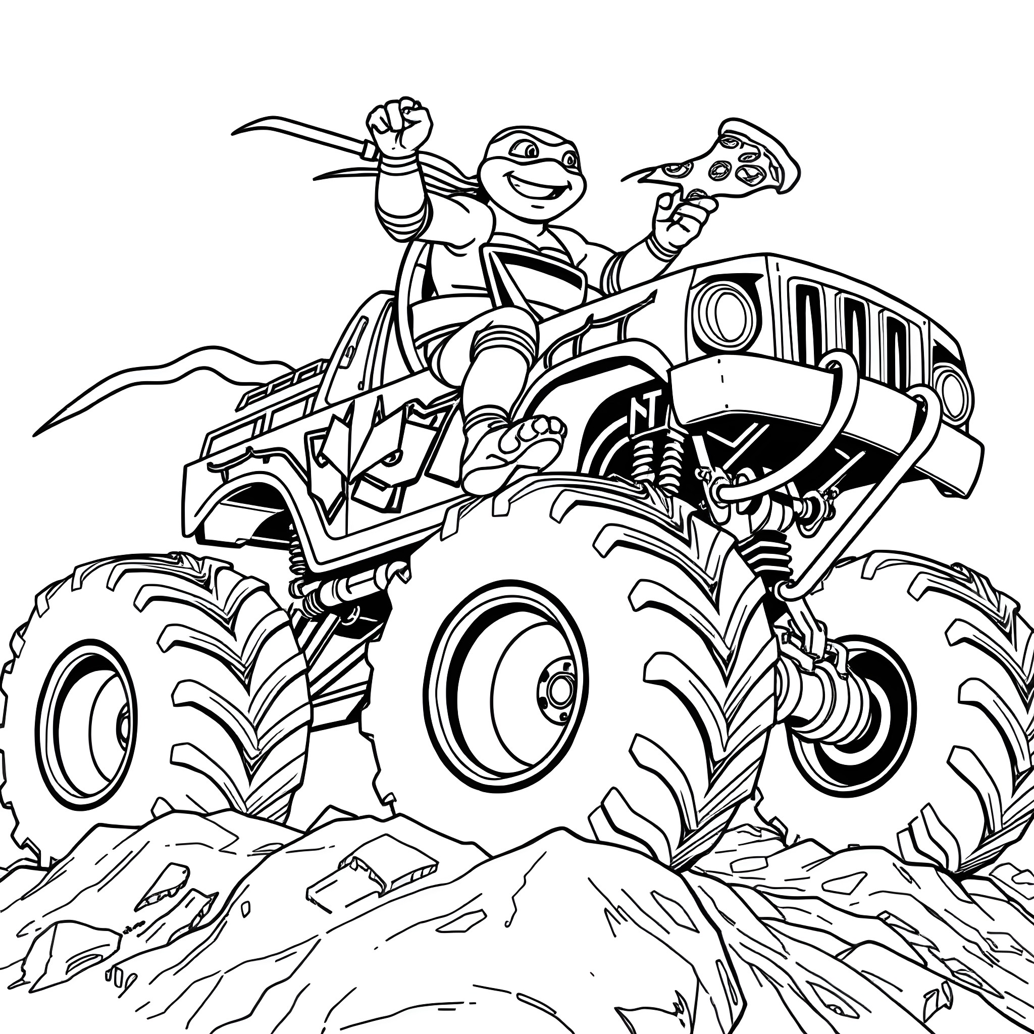 Teenage Mutant Ninja Turtle Monster Truck Adventure Coloring Page (free black-and-white line drawing printable PDF for all, from beginners to advanced learners, including children, teens, adults, and seniors)