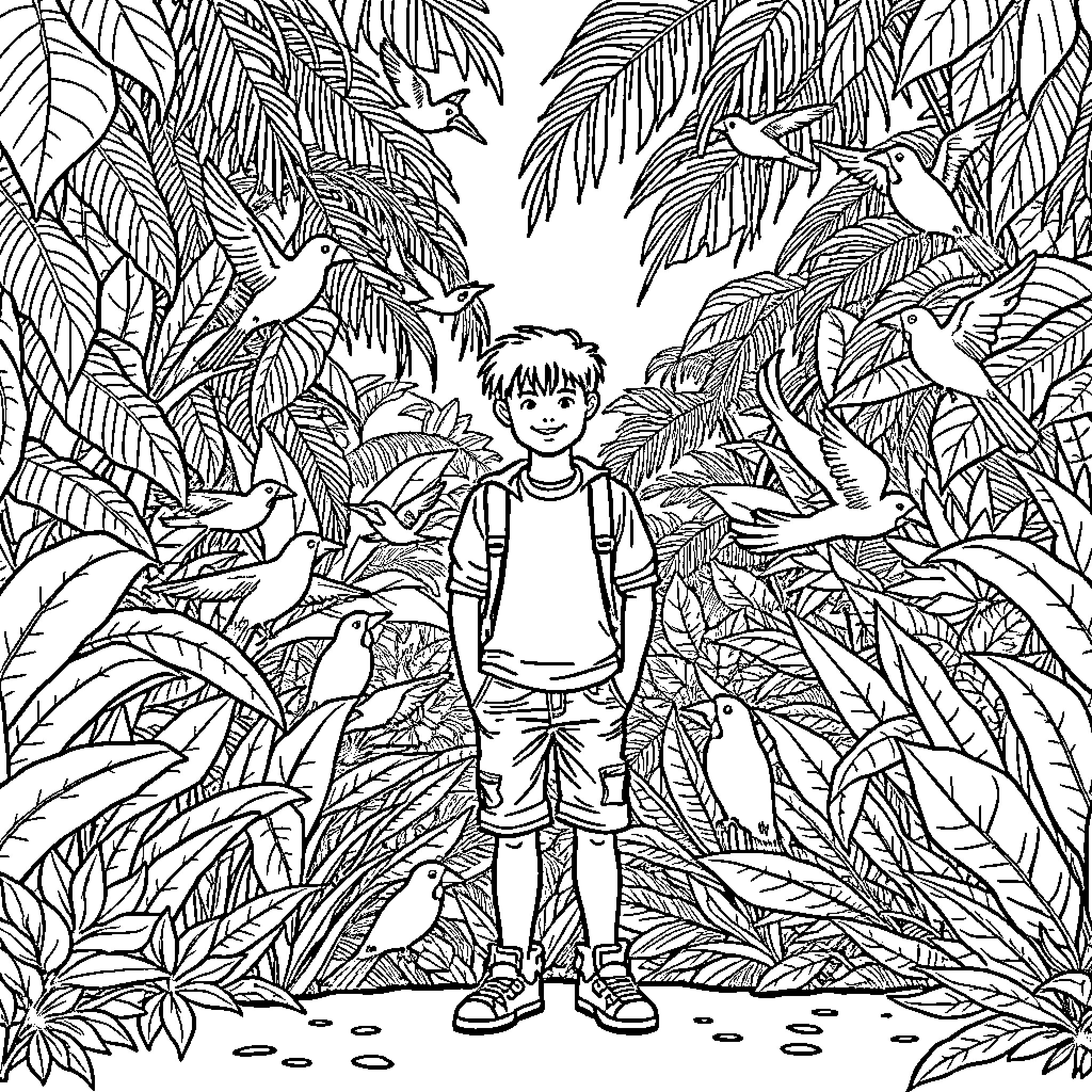 Student exploring lush tropical forest Coloring Page (free black-and-white line drawing printable PDF for all, from beginners to advanced learners, including children, teens, adults, and seniors)