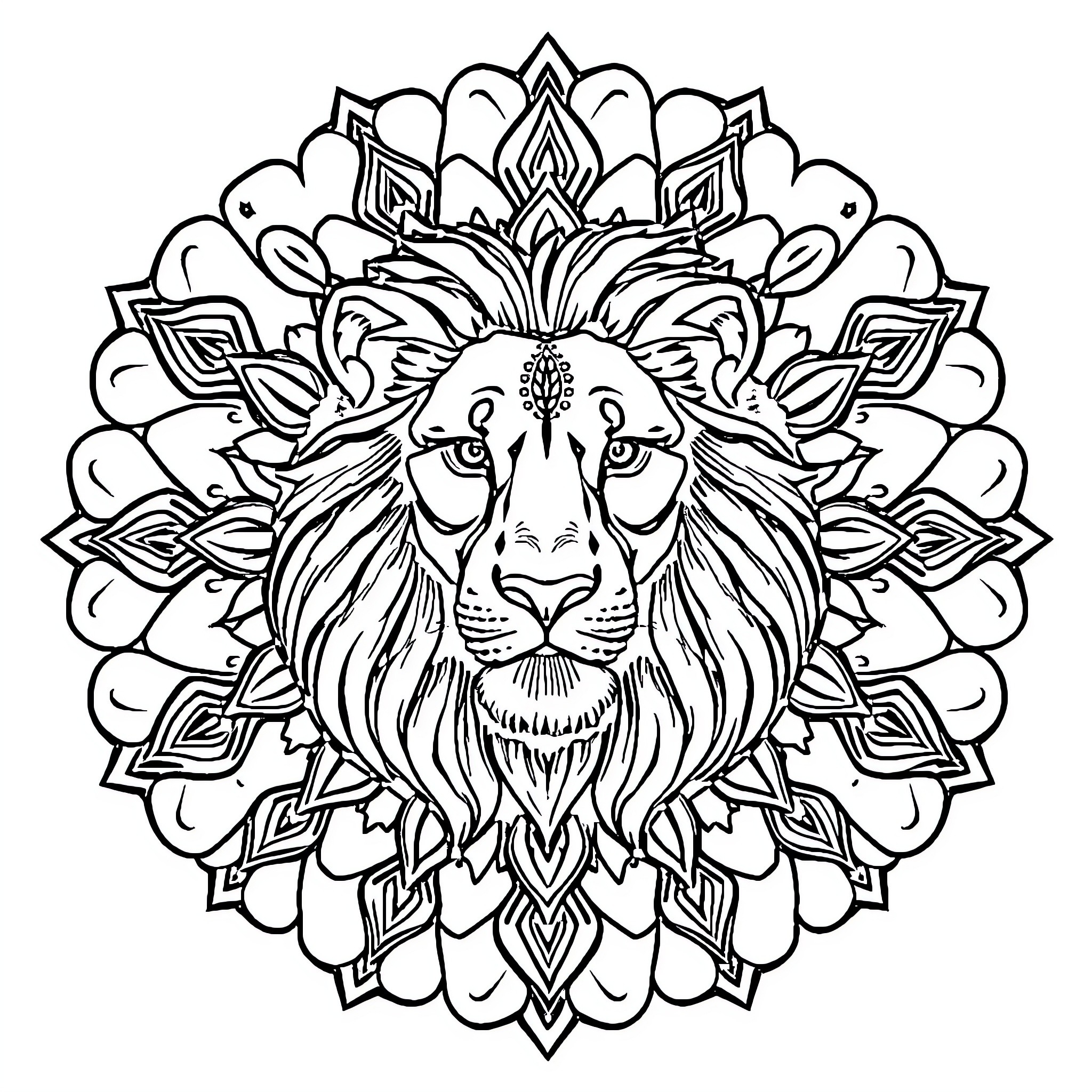Lion in ornate mandala frame Coloring Page (free black-and-white line drawing printable PDF for all, from beginners to advanced learners, including children, teens, adults, and seniors)