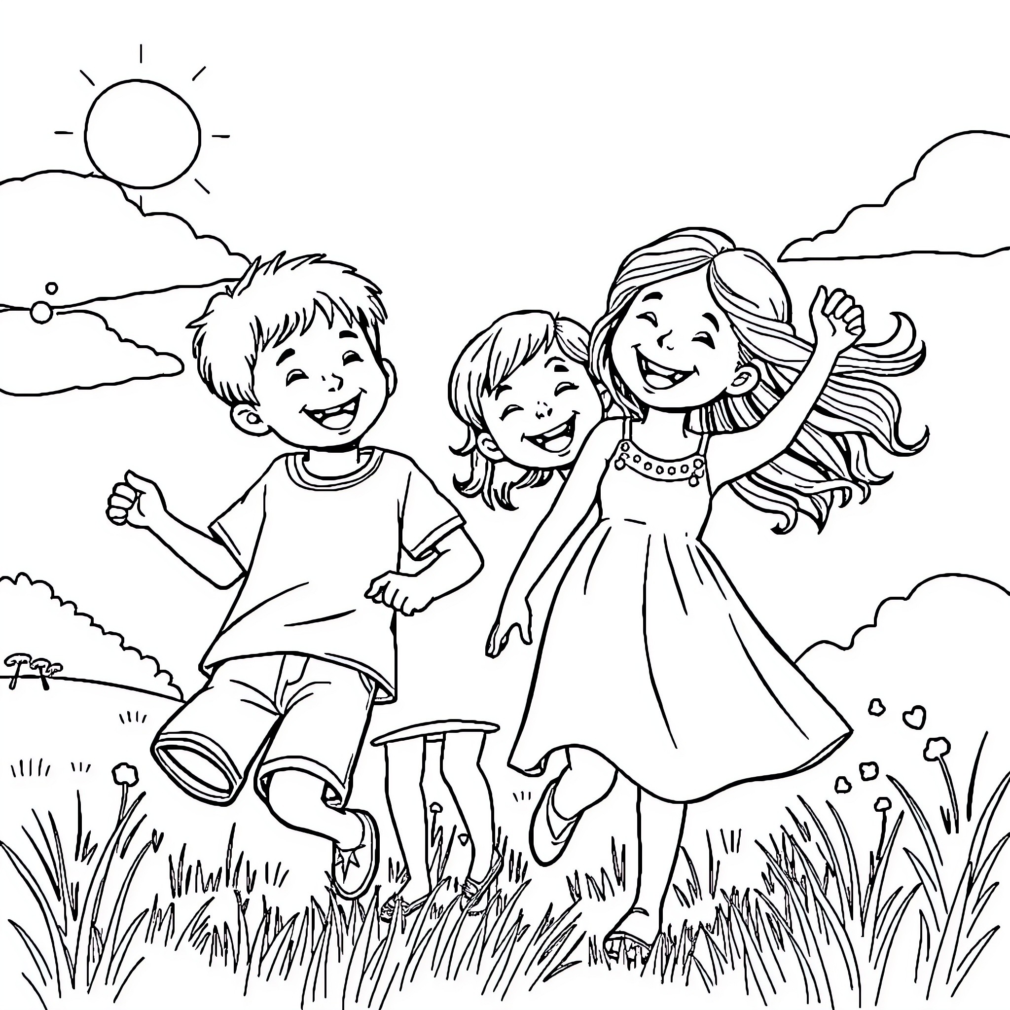 Siblings playing happily in the meadow Coloring Page (free black-and-white line drawing printable PDF for all, from beginners to advanced learners, including children, teens, adults, and seniors)