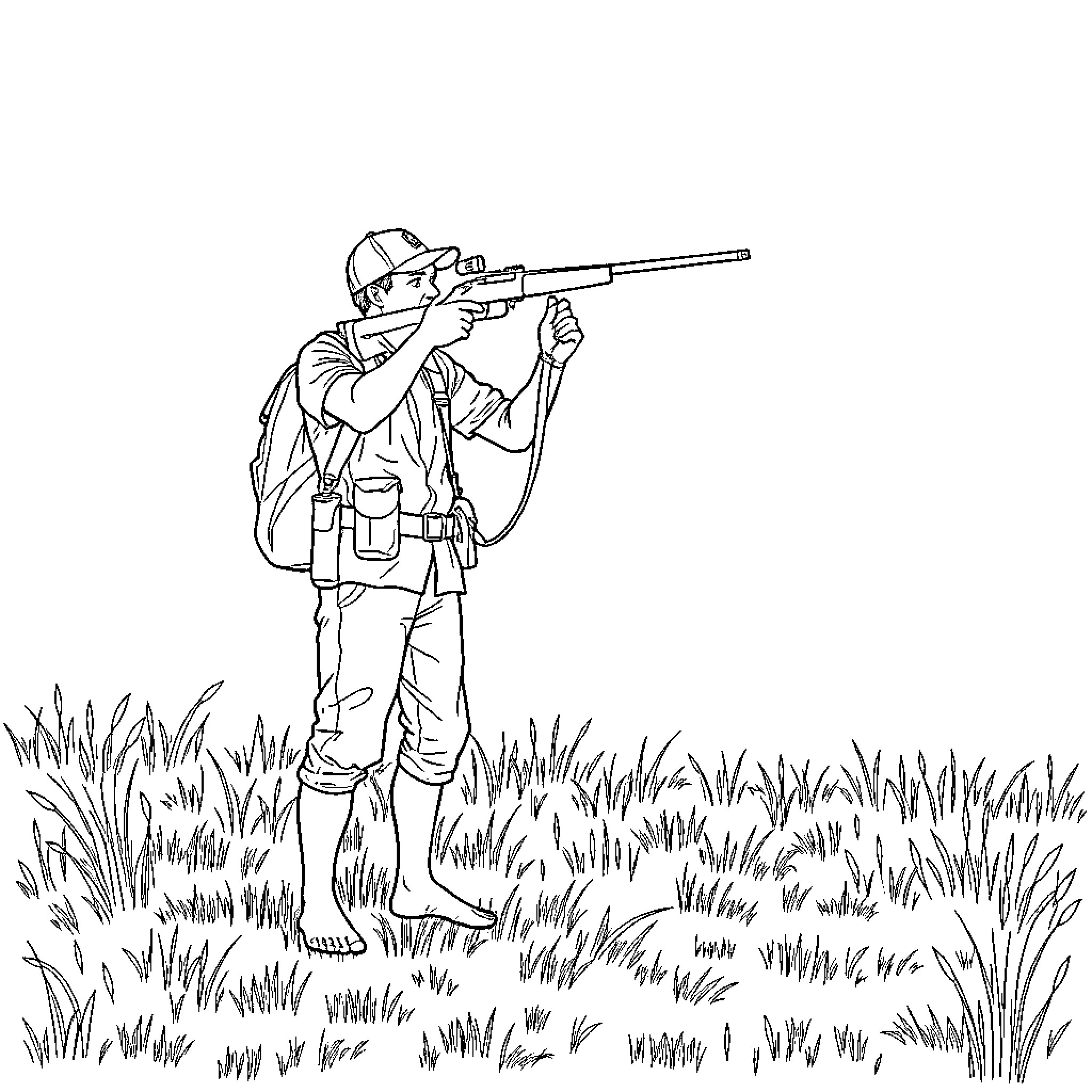 Hunter aiming rifle in the wilderness Coloring Page (free black-and-white line drawing printable PDF for all, from beginners to advanced learners, including children, teens, adults, and seniors)