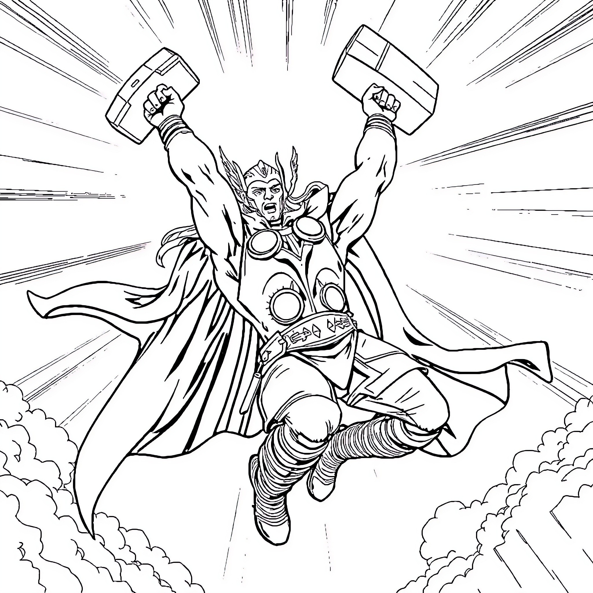 Thor wielding mighty hammers in heroic action Coloring Page (free black-and-white line drawing printable PDF for all, from beginners to advanced learners, including children, teens, adults, and seniors)