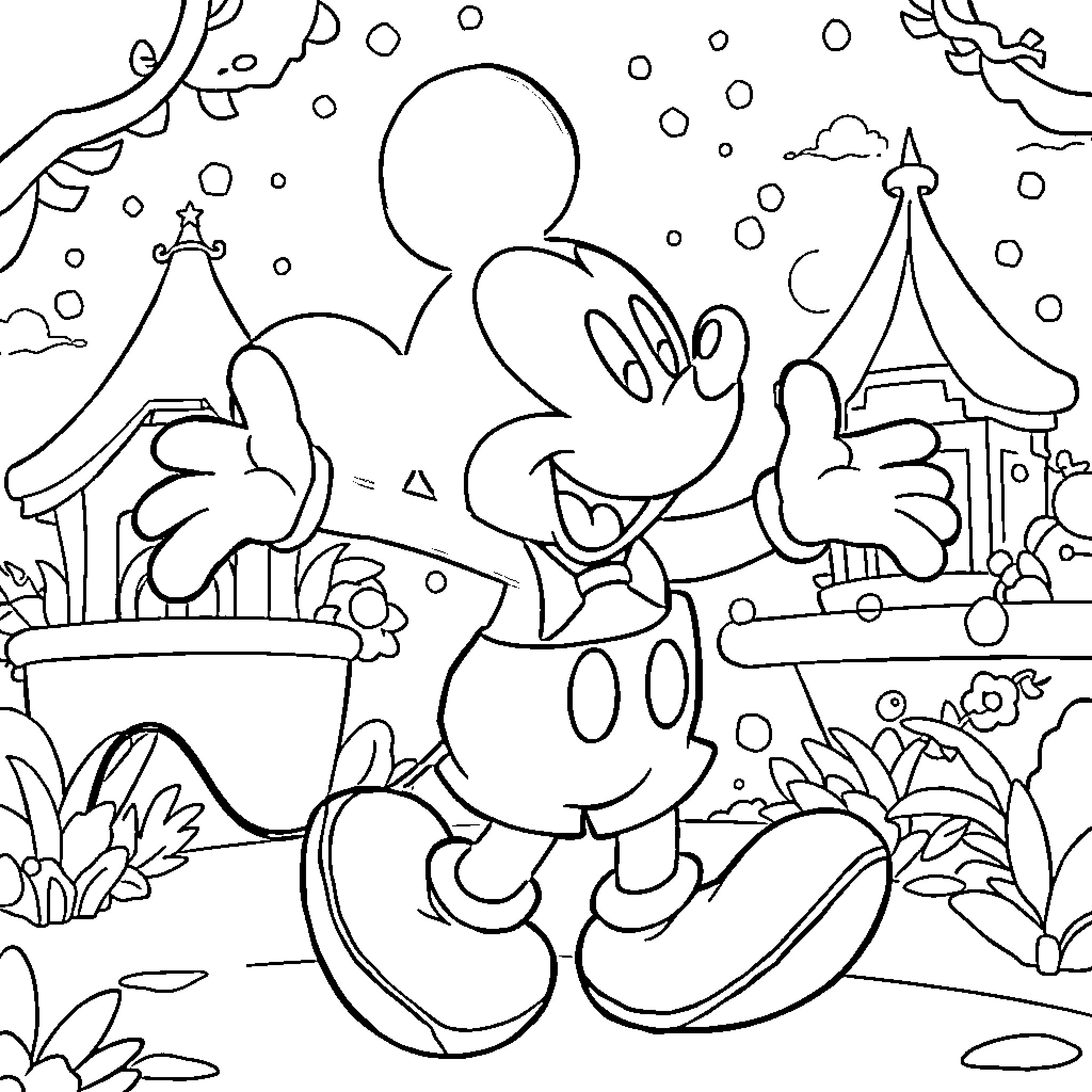 Mickey Enjoys a Snowy Winter Wonderland Coloring Page (free black-and-white line drawing printable PDF for all, from beginners to advanced learners, including children, teens, adults, and seniors)