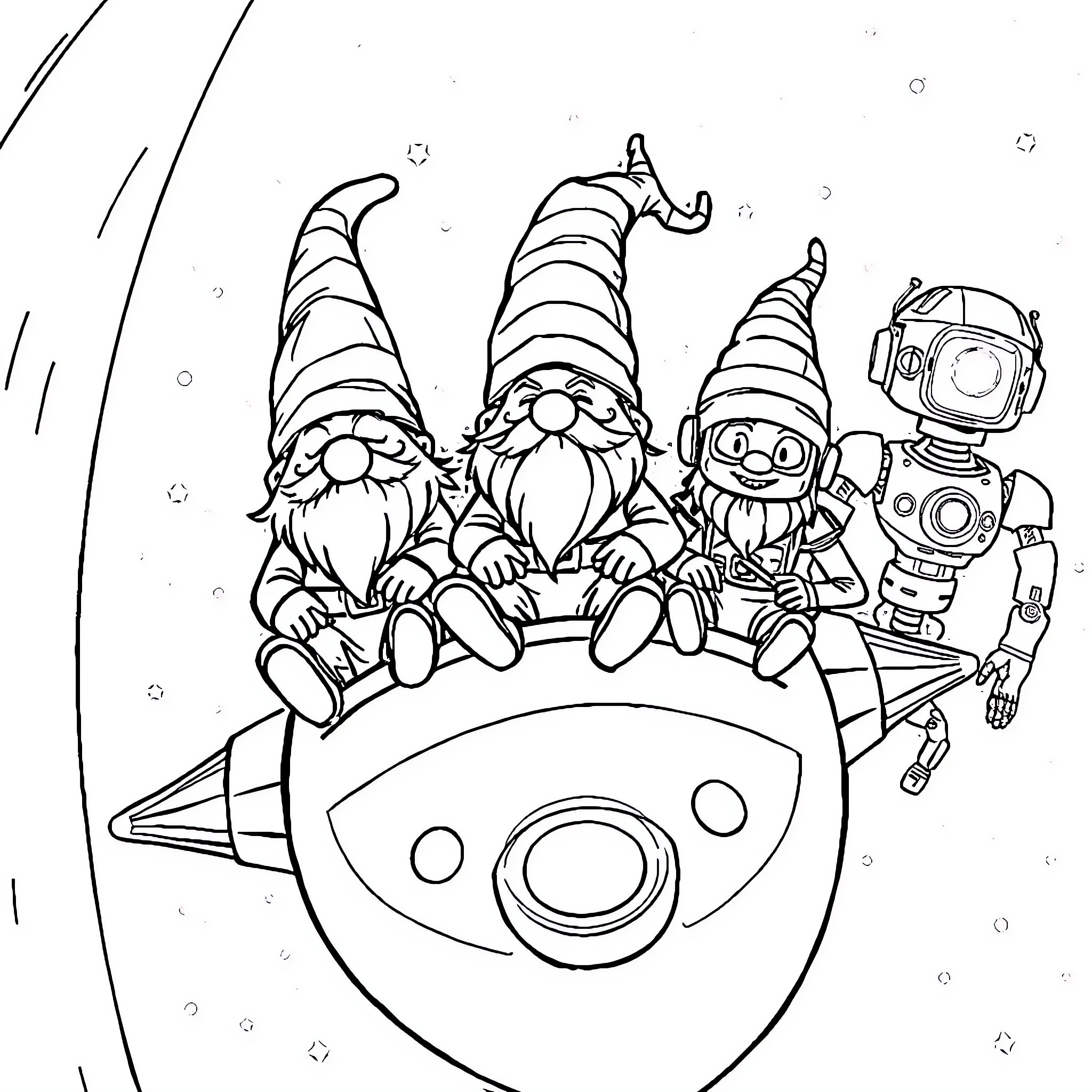 Gnomes riding a cosmic rocket ship Coloring Page (free black-and-white line drawing printable PDF for all, from beginners to advanced learners, including children, teens, adults, and seniors)