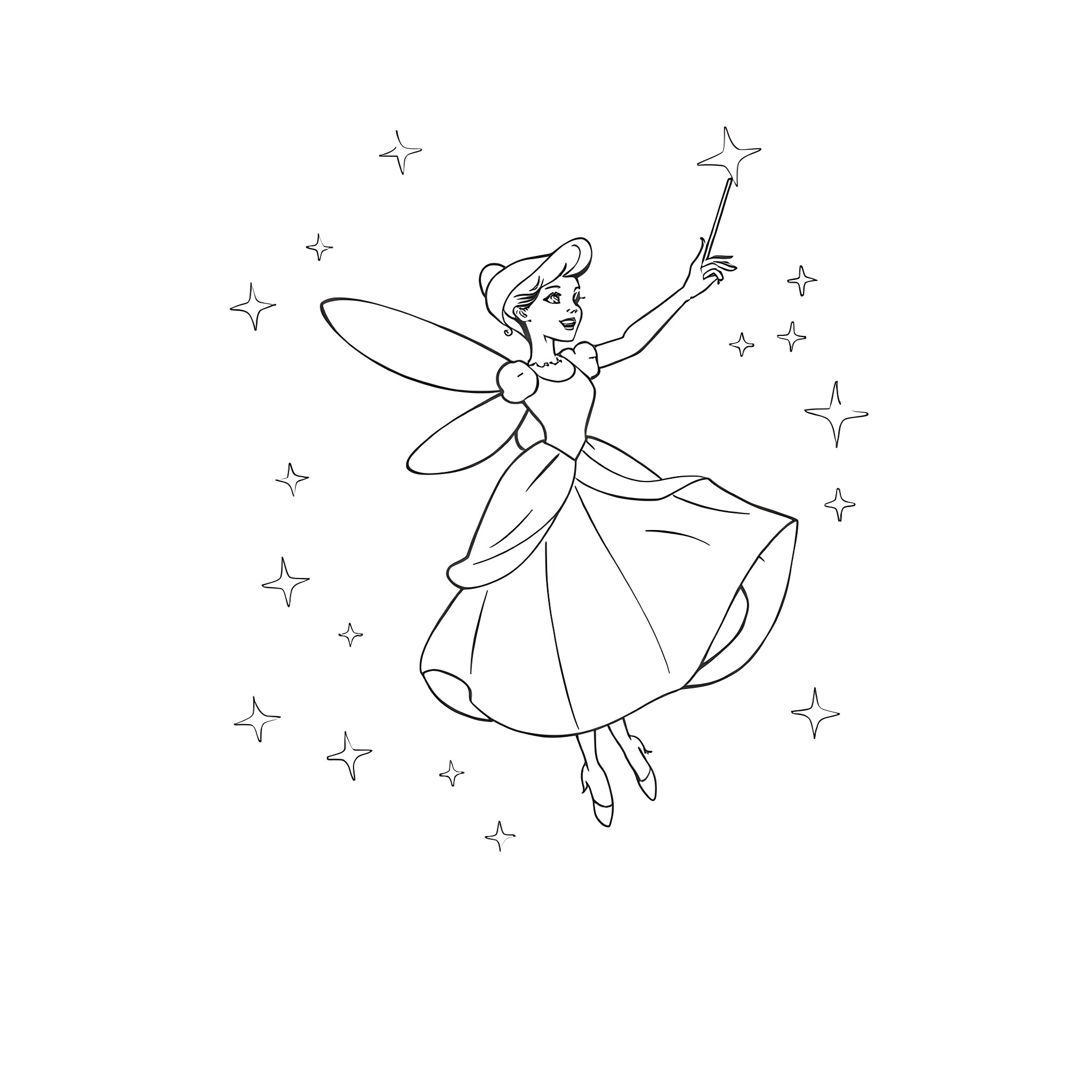 Cinderella dancing with fairy wand among the stars Coloring Page (free black-and-white line drawing printable PDF for all, from beginners to advanced learners, including children, teens, adults, and seniors)