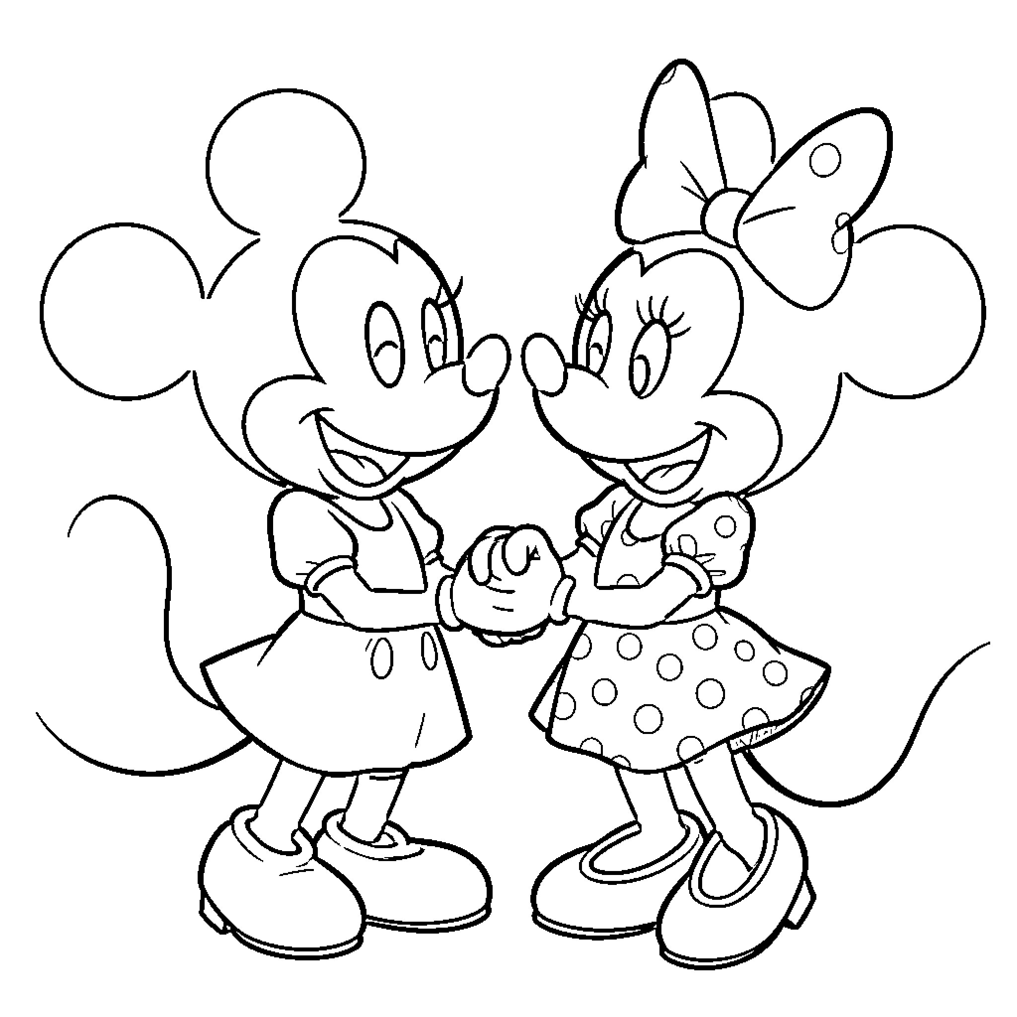 Mickey Mouse and Minnie Mouse in Playful Embrace Coloring Page (free black-and-white line drawing printable PDF for all, from beginners to advanced learners, including children, teens, adults, and seniors)