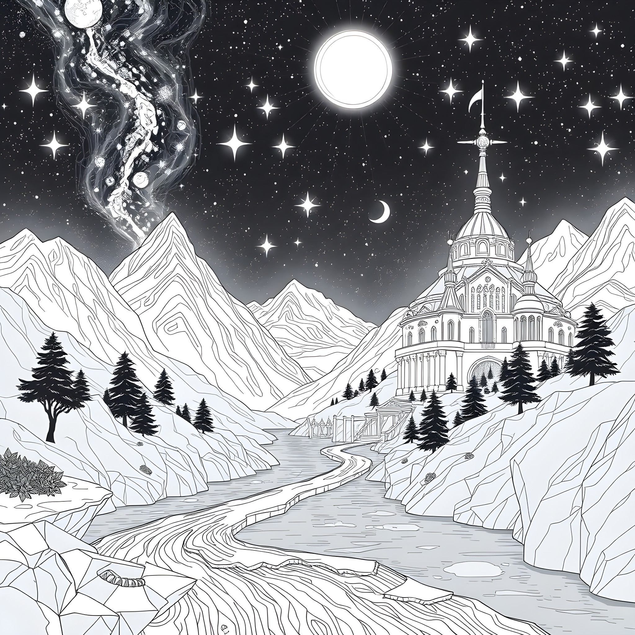 Velaris: Moonlit Landscape with Celestial Palace Coloring Page (free black-and-white line drawing printable PDF for all, from beginners to advanced learners, including children, teens, adults, and seniors)
