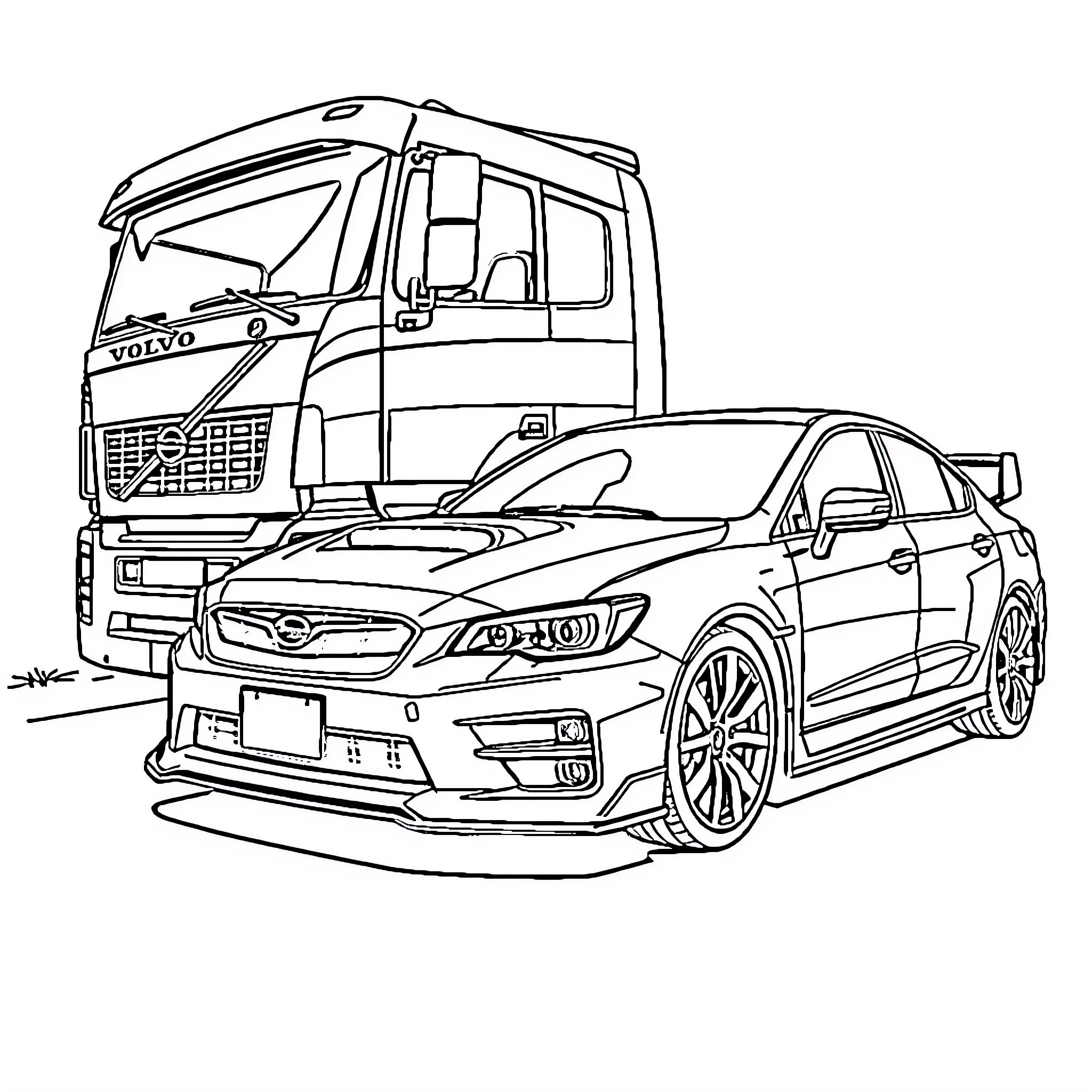 Truck carrying sports car on highway Coloring Page (free black-and-white line drawing printable PDF for all, from beginners to advanced learners, including children, teens, adults, and seniors)