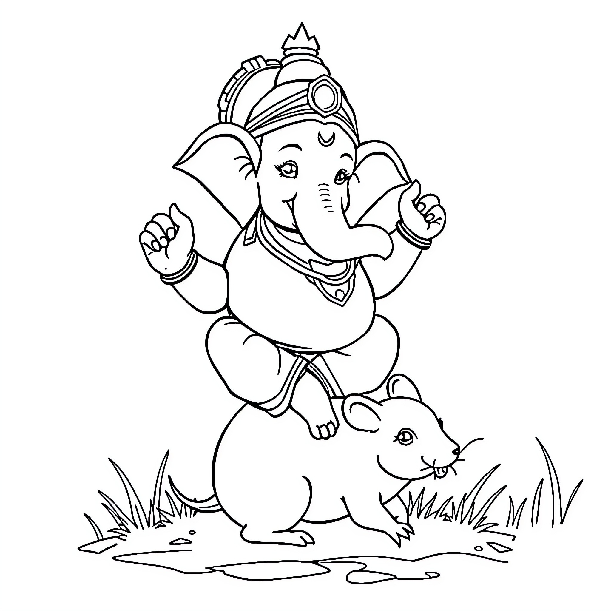 Ganesh riding a playful mouse Coloring Page (free black-and-white line drawing printable PDF for all, from beginners to advanced learners, including children, teens, adults, and seniors)