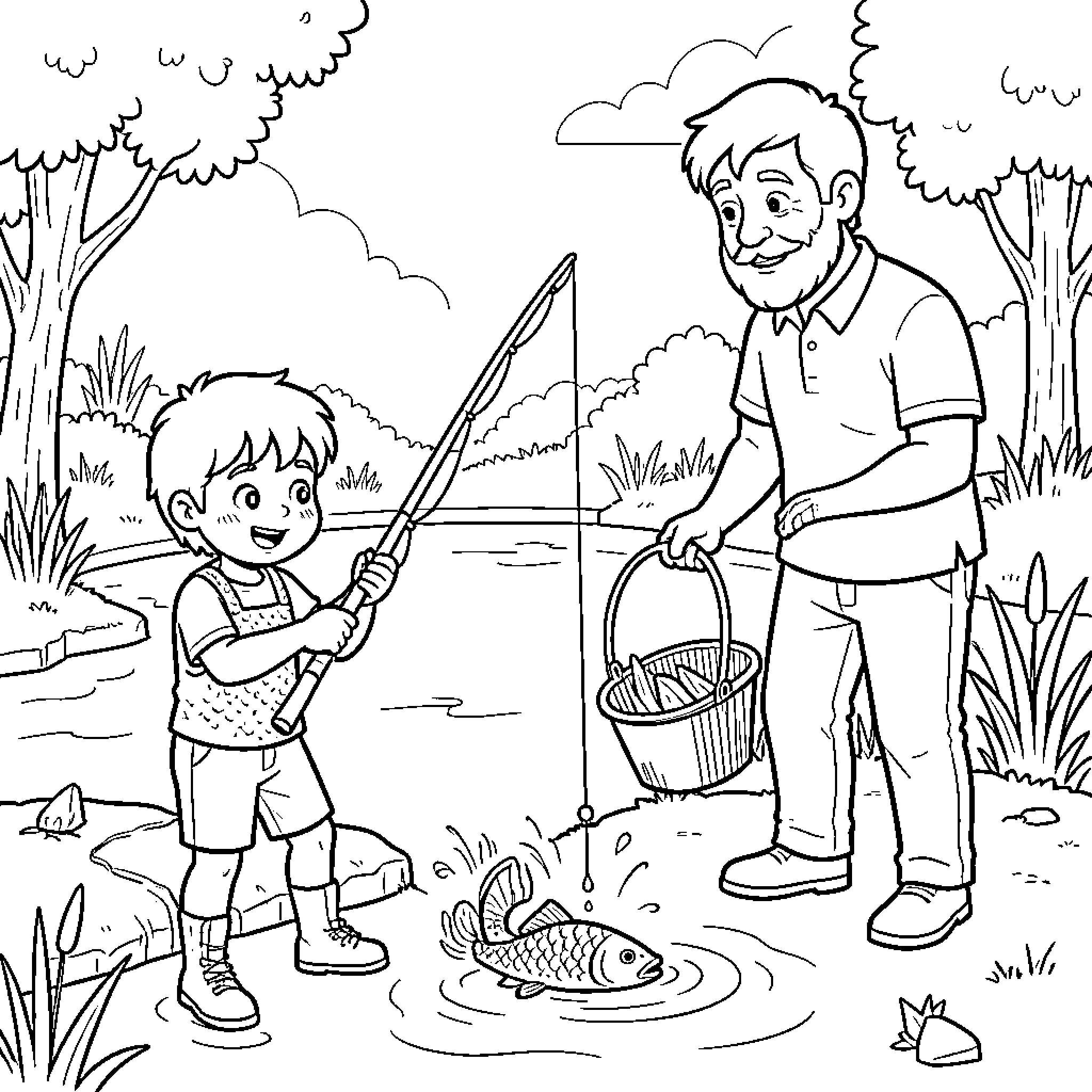 Carp being caught by a boy and grandfather Coloring Page (free black-and-white line drawing printable PDF for all, from beginners to advanced learners, including children, teens, adults, and seniors)