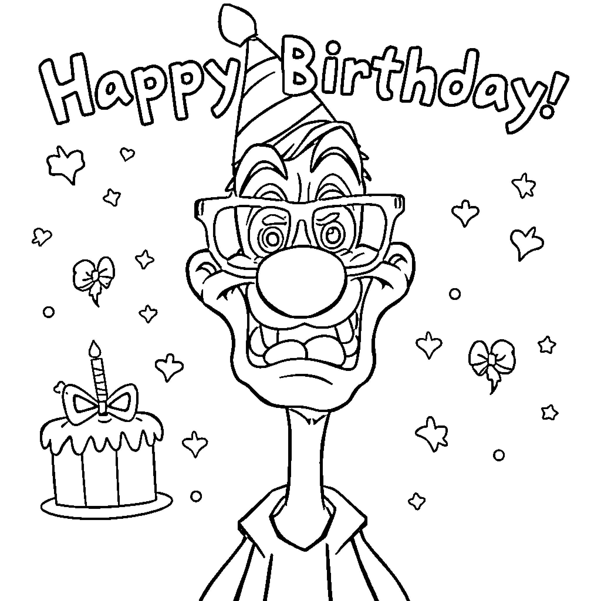 Goofy clown celebrating a birthday party Coloring Page (free black-and-white line drawing printable PDF for all, from beginners to advanced learners, including children, teens, adults, and seniors)