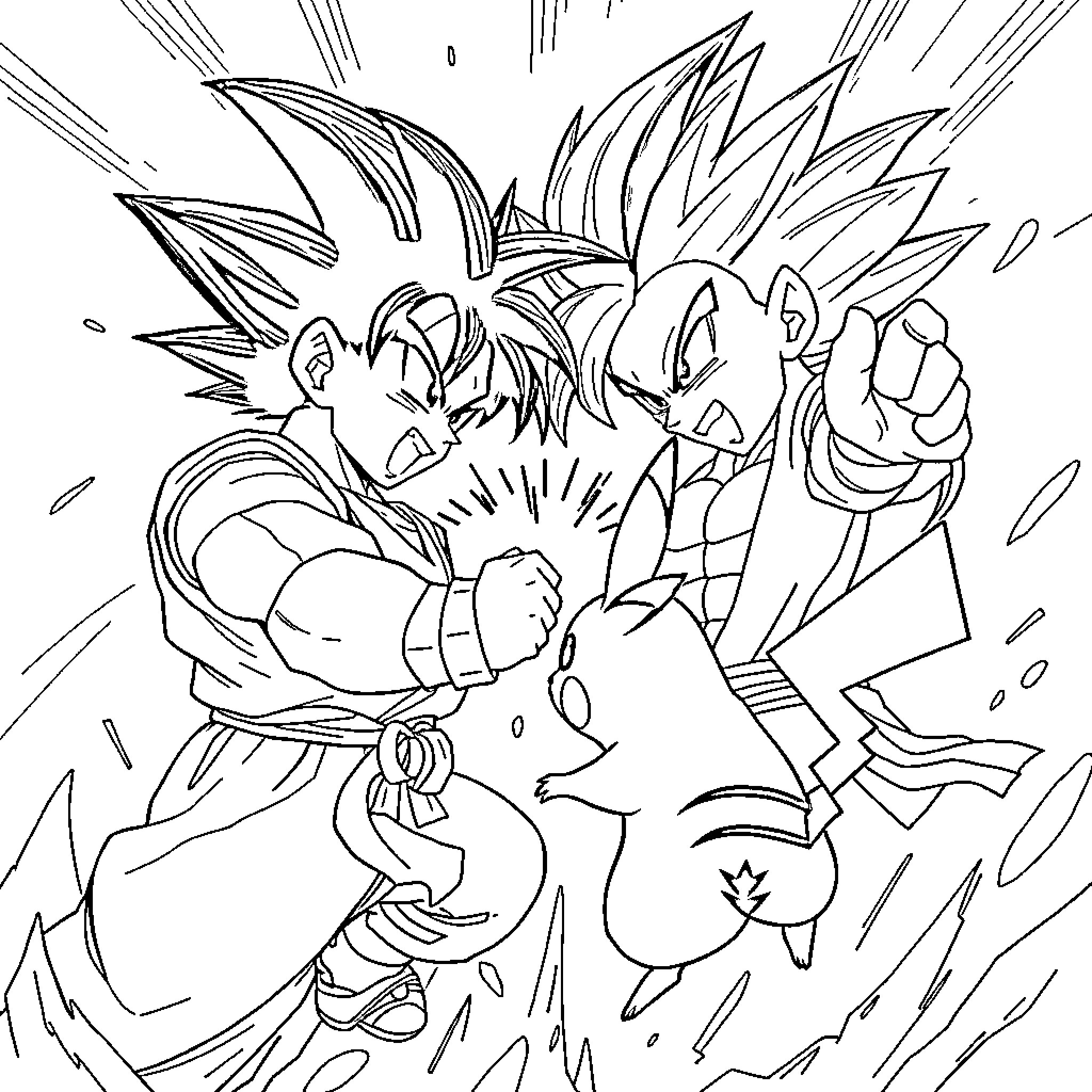 Pikachu engaged in an intense battle with Goku Coloring Page (free black-and-white line drawing printable PDF for all, from beginners to advanced learners, including children, teens, adults, and seniors)