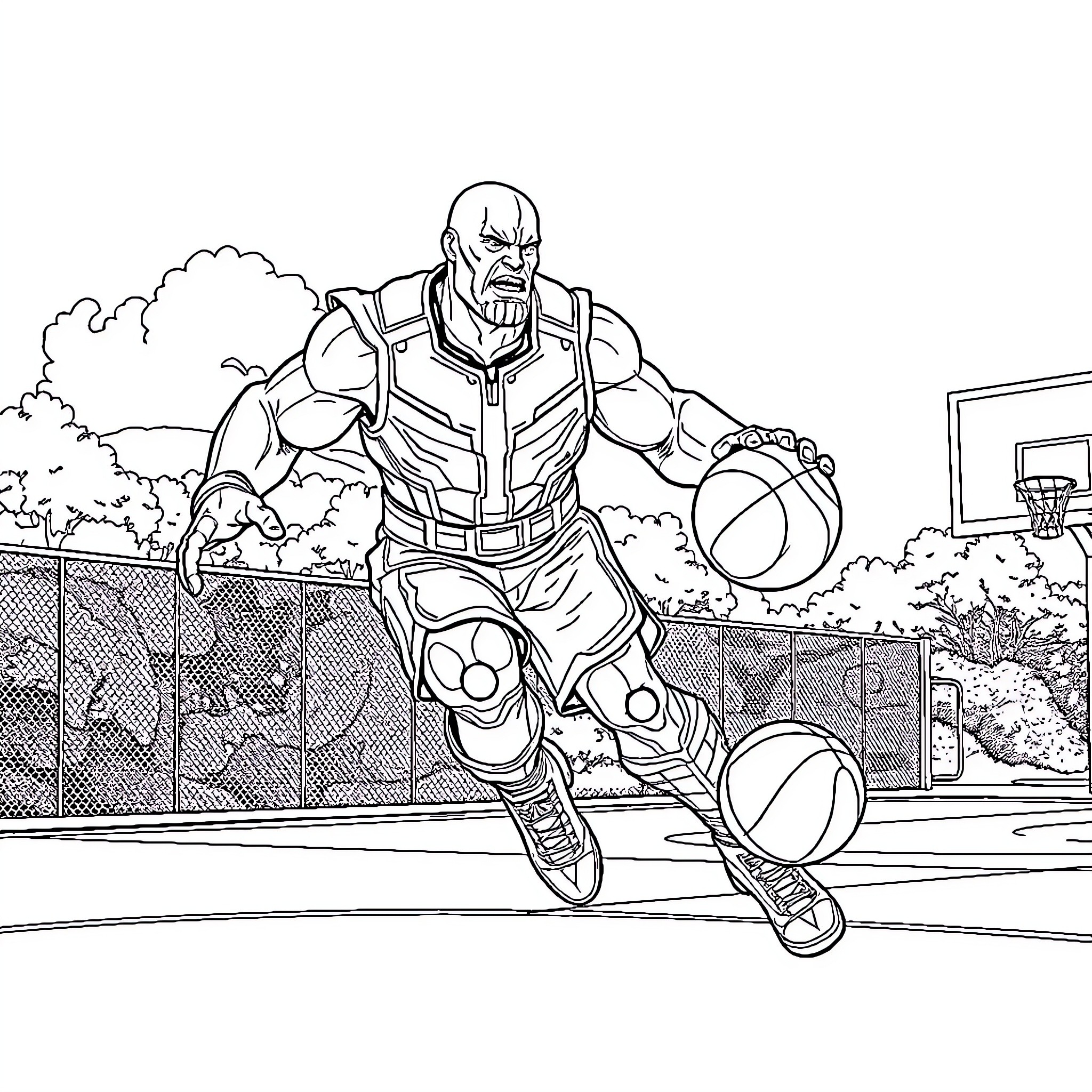 Thanos playing basketball on the court Coloring Page (free black-and-white line drawing printable PDF for all, from beginners to advanced learners, including children, teens, adults, and seniors)