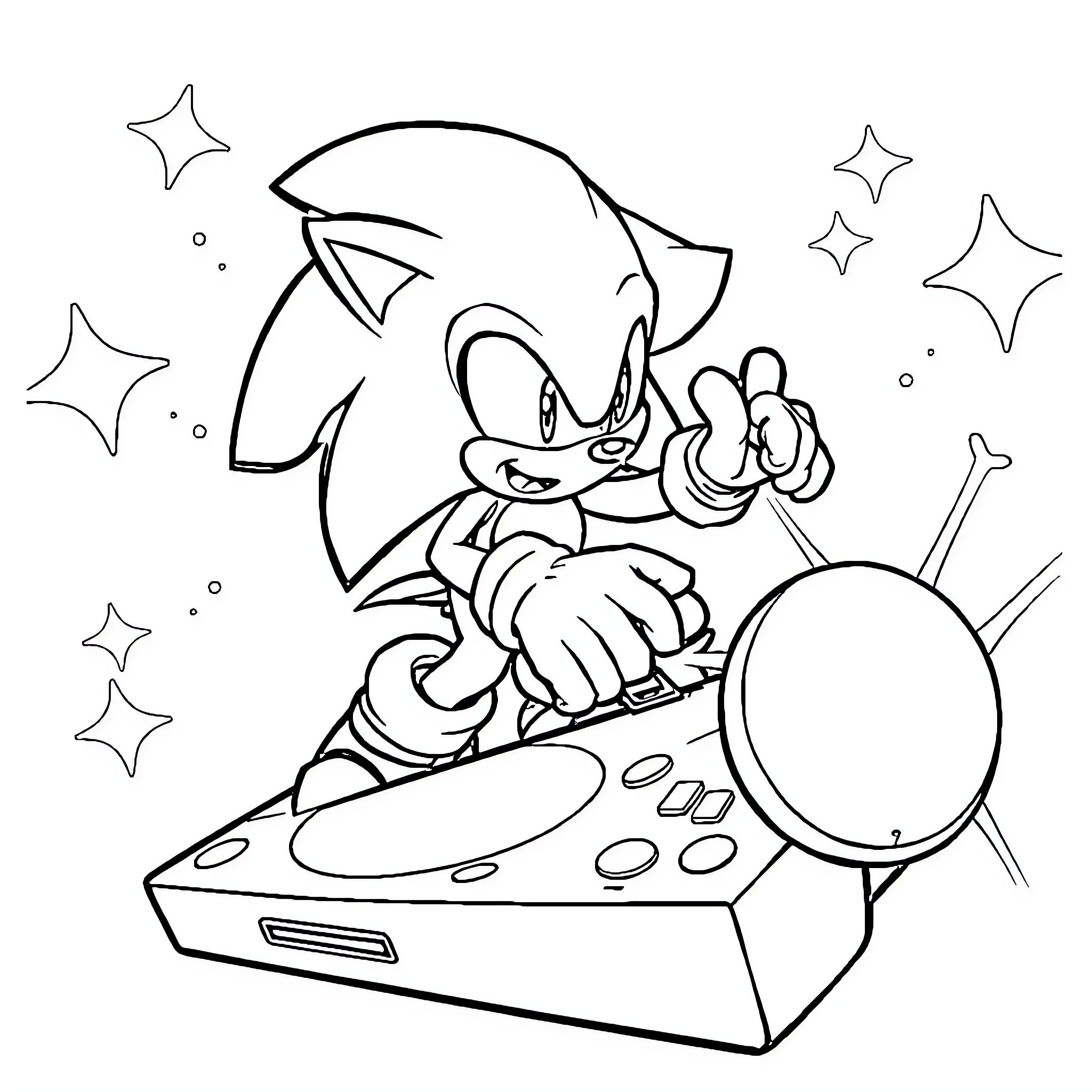 Sonic enthusiastically operating a music device Coloring Page (free black-and-white line drawing printable PDF for all, from beginners to advanced learners, including children, teens, adults, and seniors)