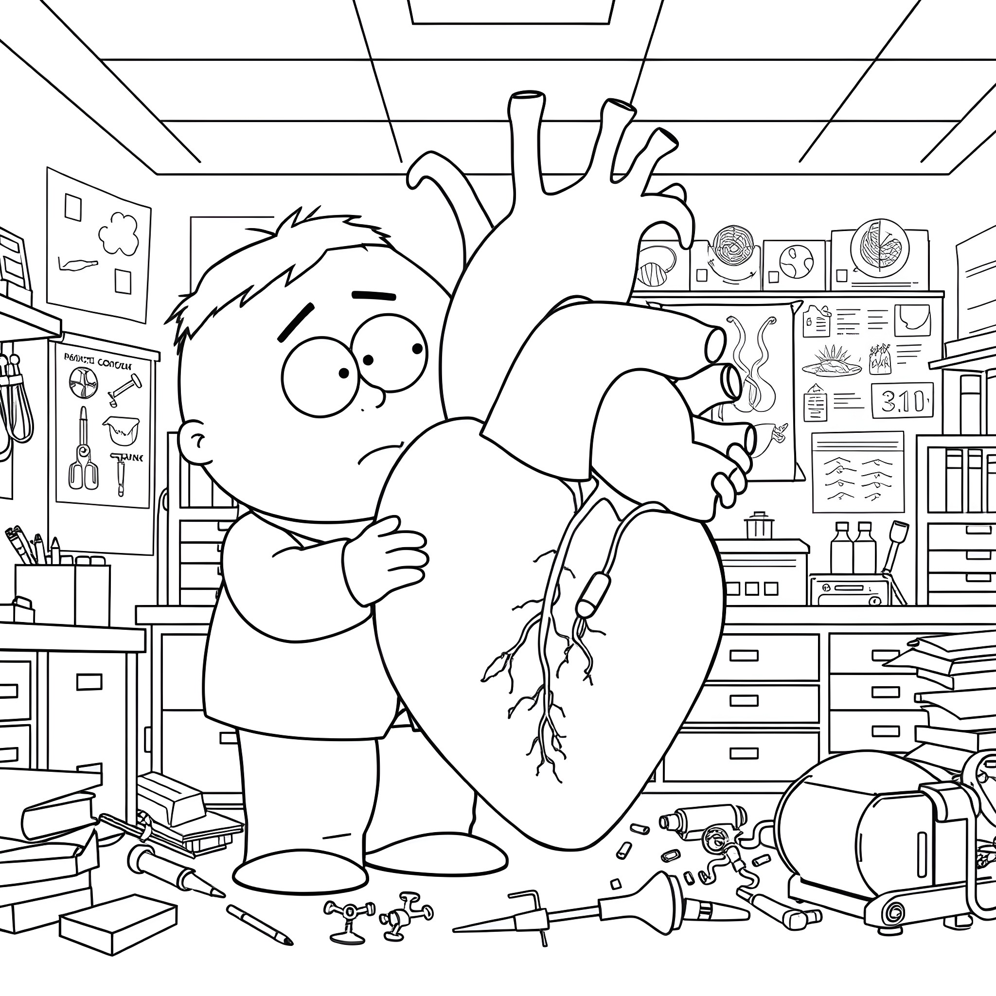 Eric Cartman examining a human heart in a messy laboratory Coloring Page (free black-and-white line drawing printable PDF for all, from beginners to advanced learners, including children, teens, adults, and seniors)