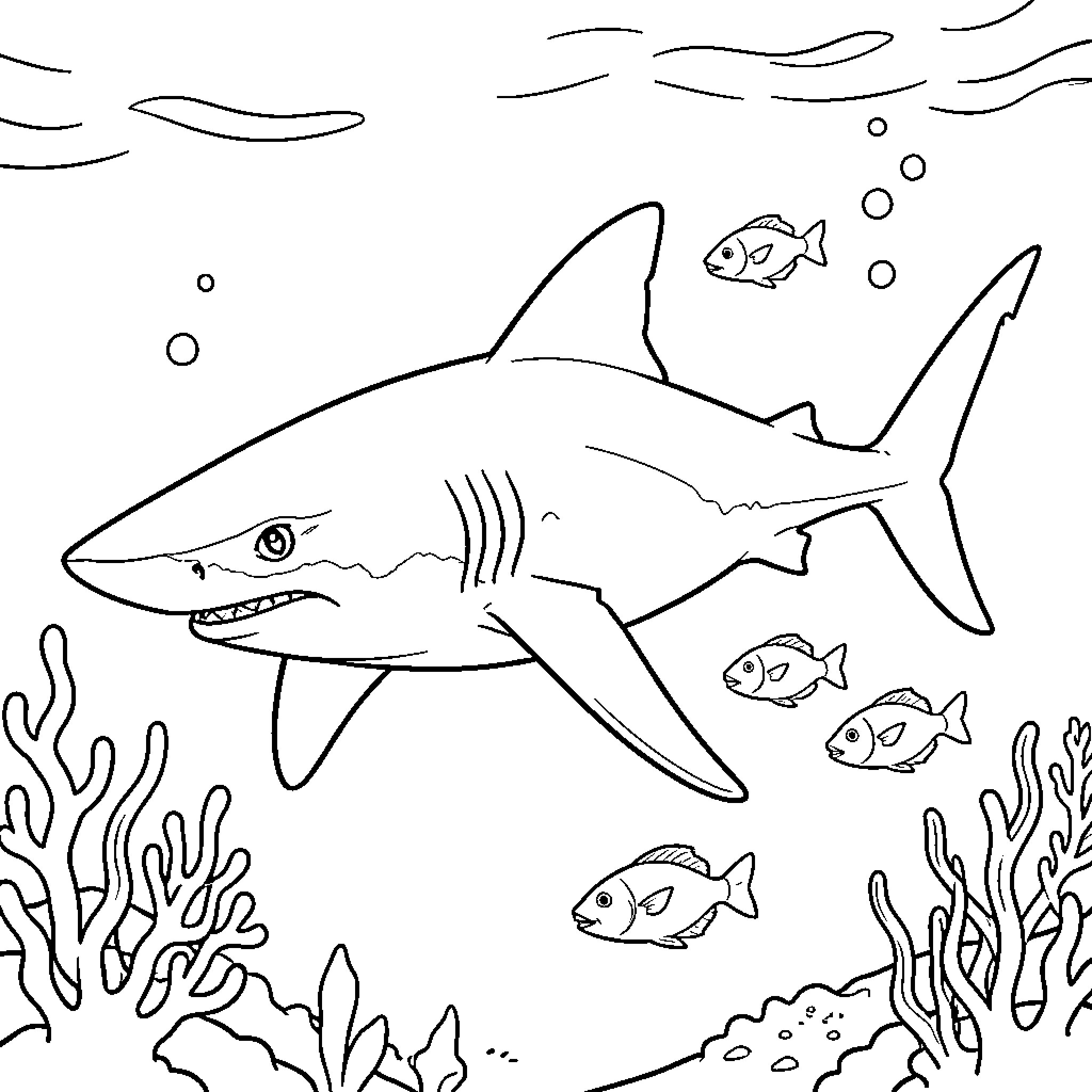 Mako Shark swimming through the ocean with small fish Coloring Page (free black-and-white line drawing printable PDF for all, from beginners to advanced learners, including children, teens, adults, and seniors)