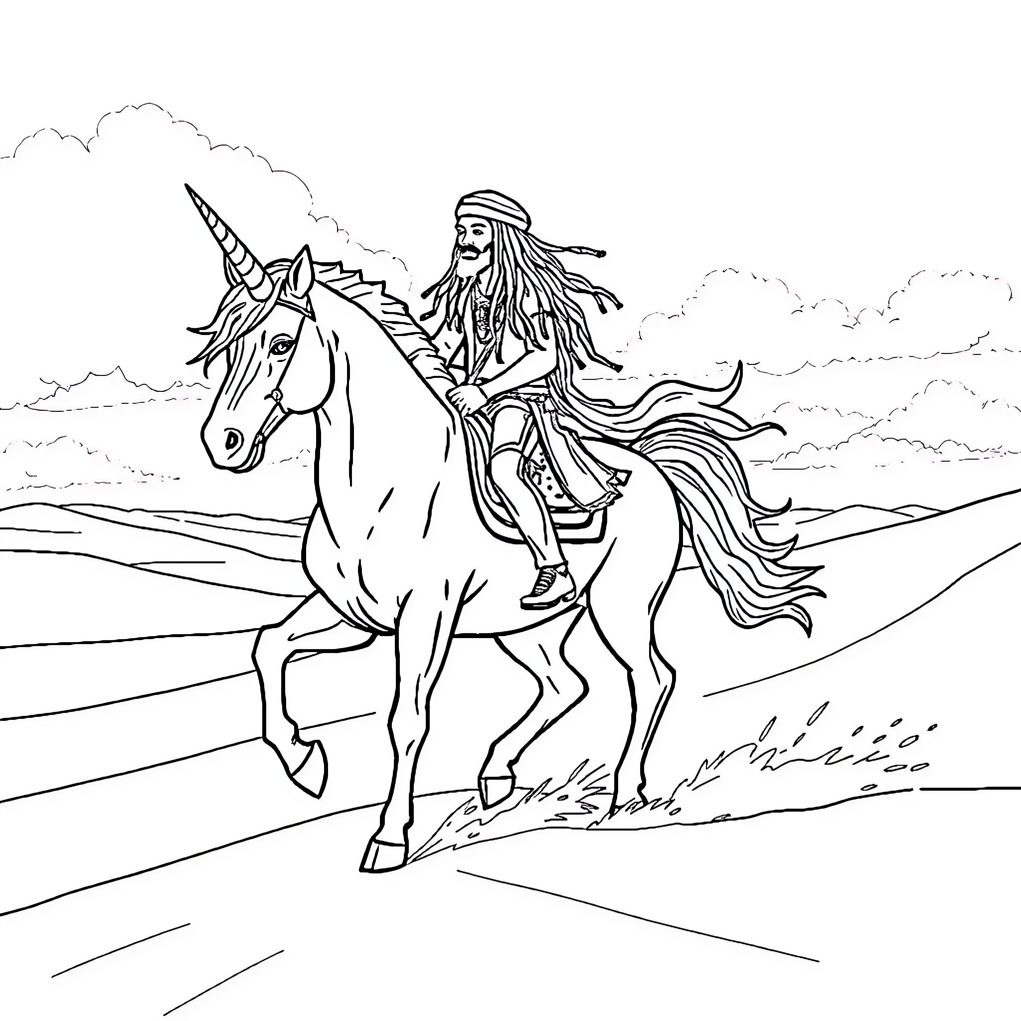 Rastafarian riding a majestic unicorn in the countryside Coloring Page (free black-and-white line drawing printable PDF for all, from beginners to advanced learners, including children, teens, adults, and seniors)