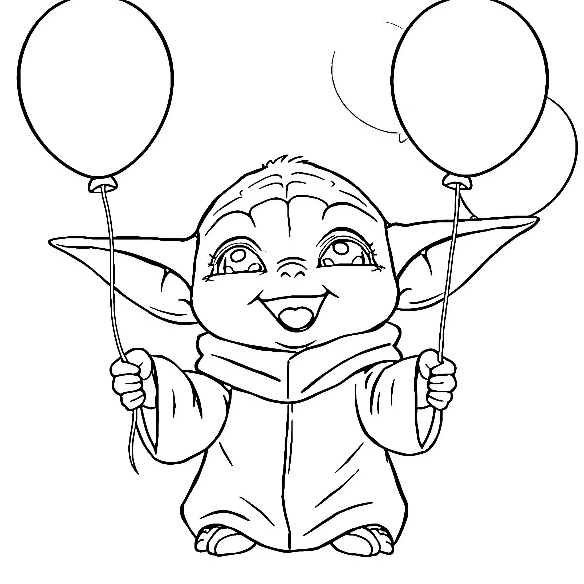 Baby Yoda happily holding balloons Coloring Page (free black-and-white line drawing printable PDF for all, from beginners to advanced learners, including children, teens, adults, and seniors)