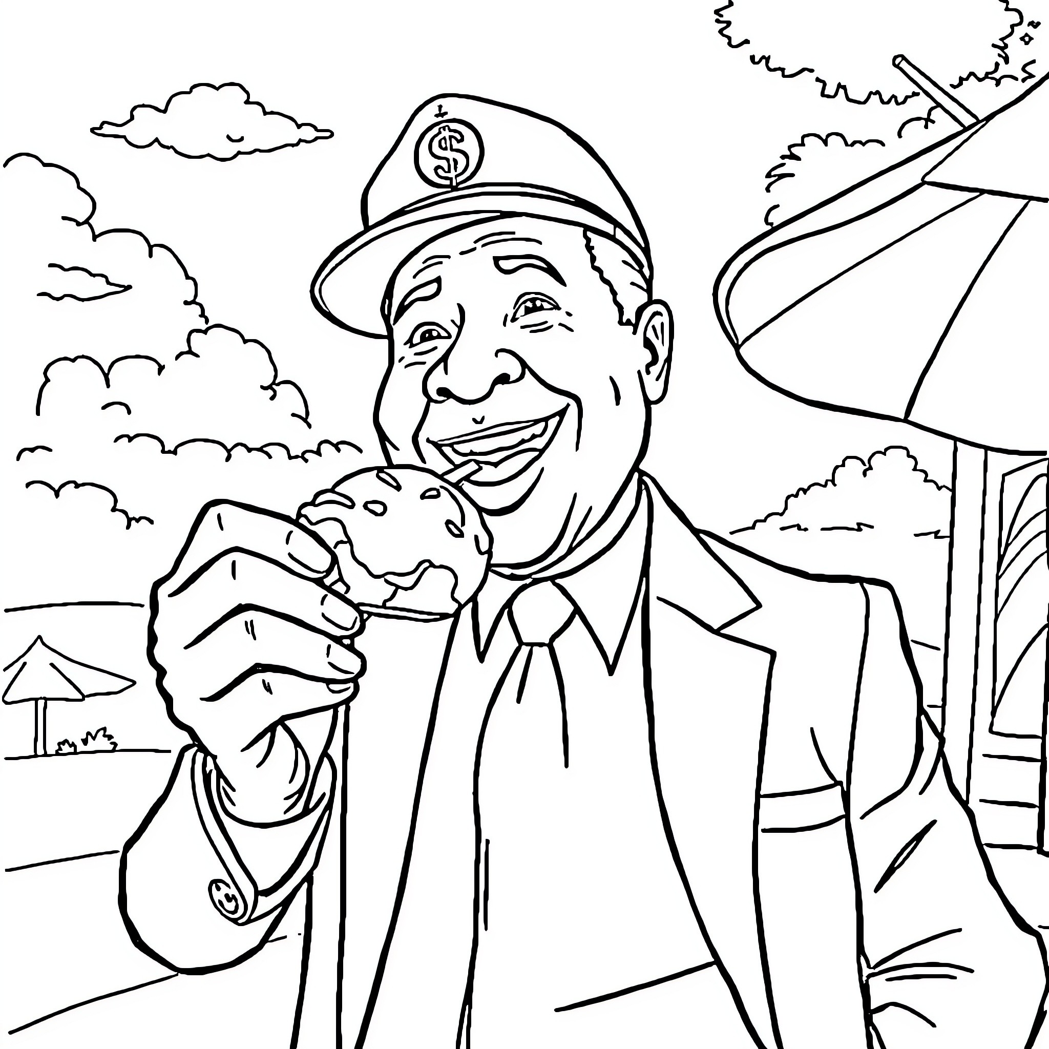 Mayor Celebrating Economic Success in the City Coloring Page (free black-and-white line drawing printable PDF for all, from beginners to advanced learners, including children, teens, adults, and seniors)