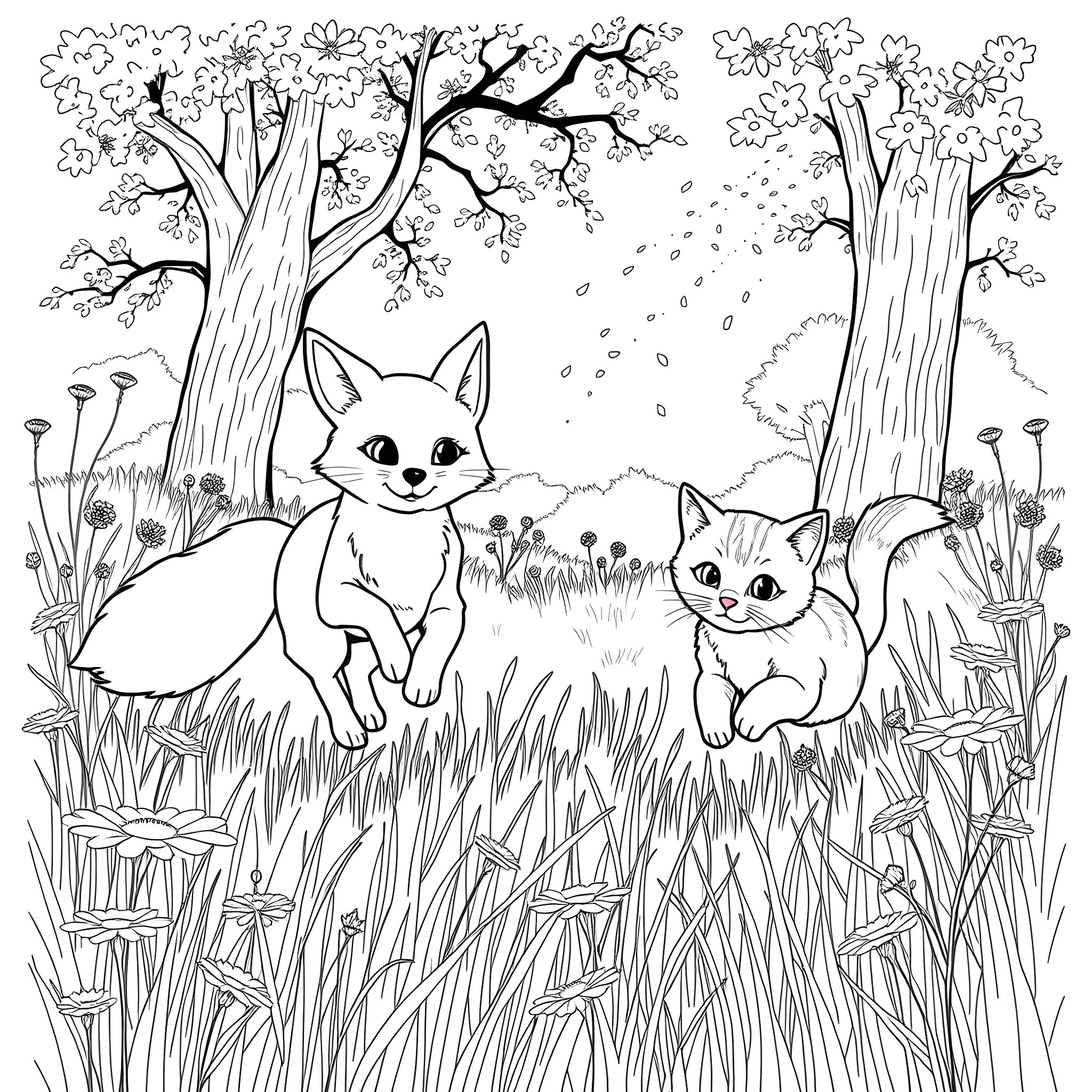 Fox kittens playing happily in the forest Coloring Page (free black-and-white line drawing printable PDF for all, from beginners to advanced learners, including children, teens, adults, and seniors)