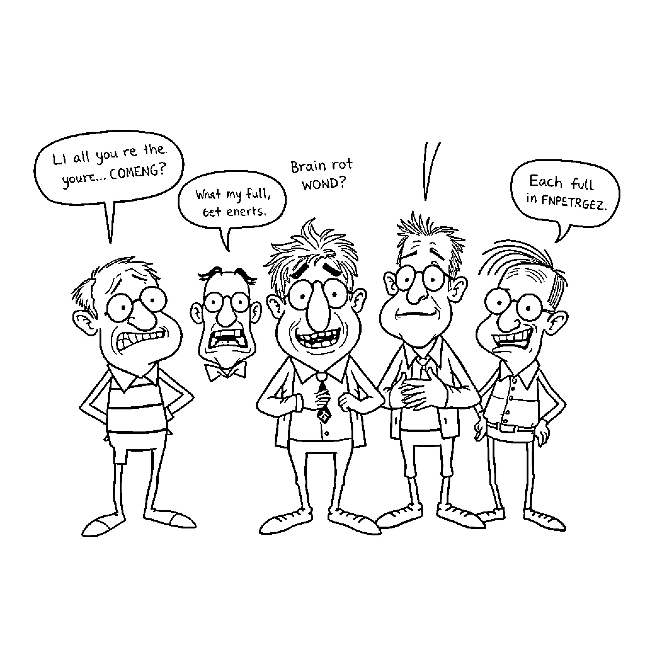 Character Conversation in Cartoonish Office Setting Coloring Page (free black-and-white line drawing printable PDF for all, from beginners to advanced learners, including children, teens, adults, and seniors)