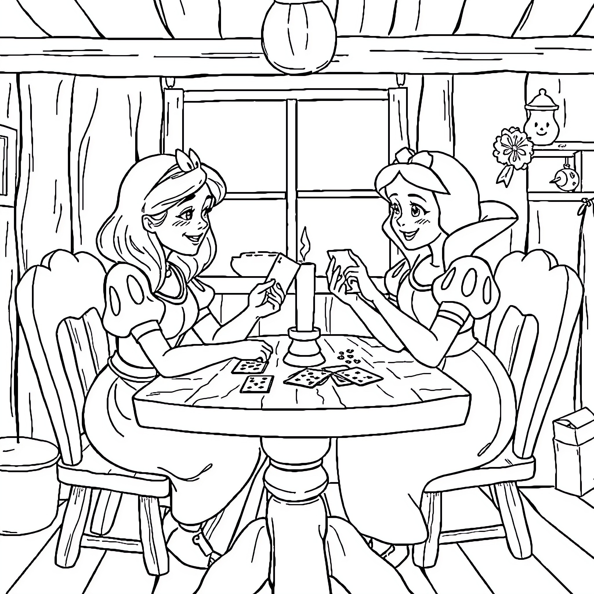 Snow White and the princess playing cards together Coloring Page (free black-and-white line drawing printable PDF for all, from beginners to advanced learners, including children, teens, adults, and seniors)