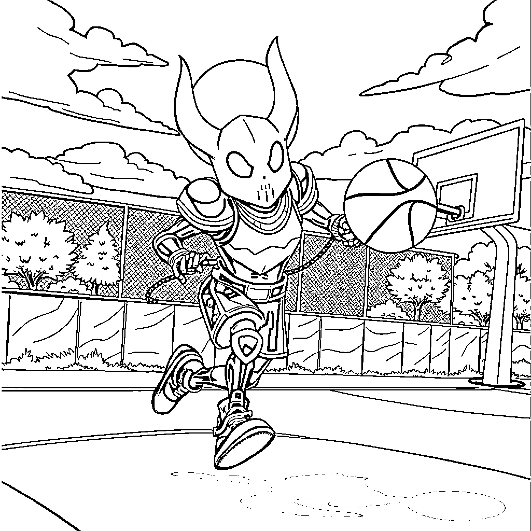 Hollow Knight Dashes Through a Surreal Outdoor Court Coloring Page (free black-and-white line drawing printable PDF for all, from beginners to advanced learners, including children, teens, adults, and seniors)
