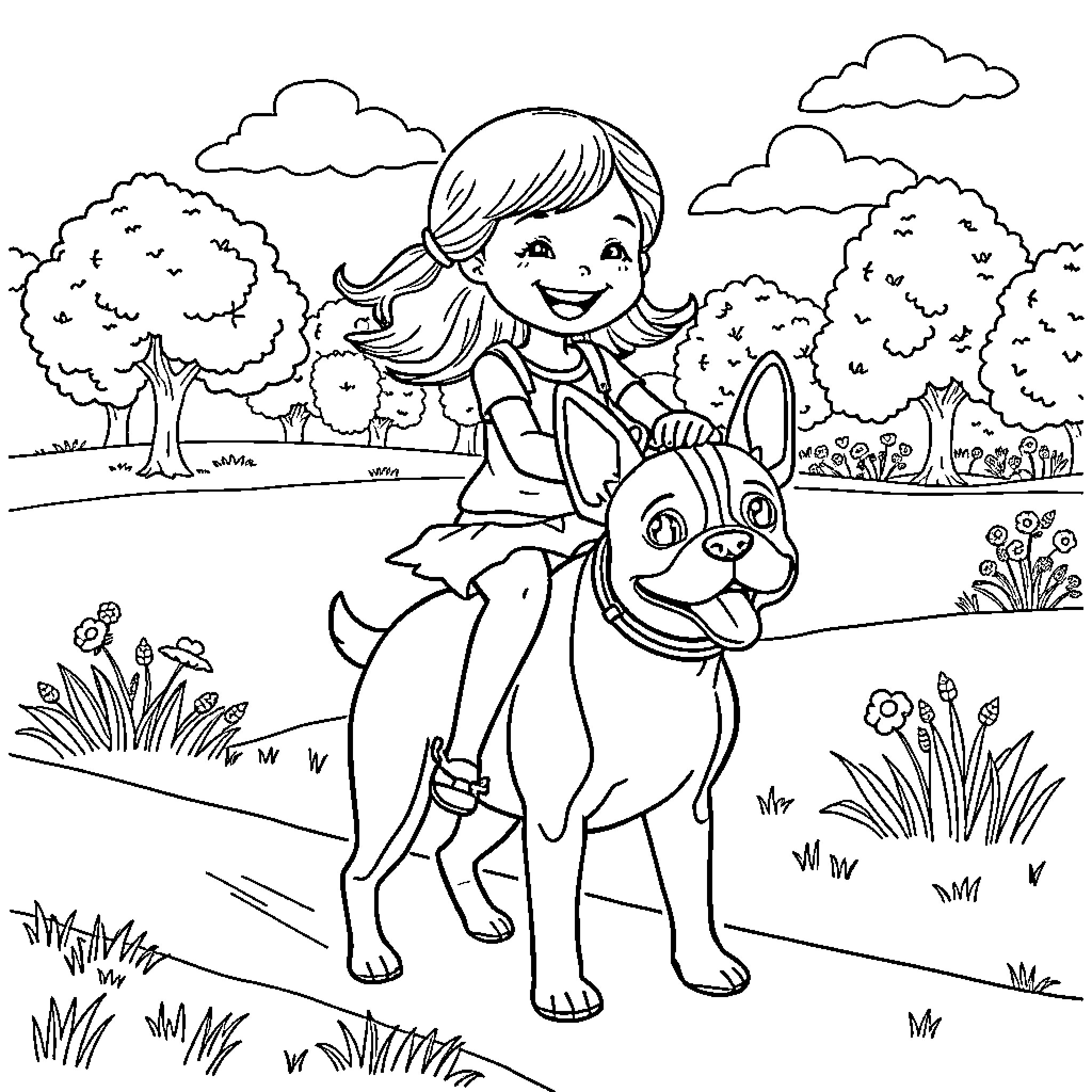 Girl riding a dog in the park Coloring Page (free black-and-white line drawing printable PDF for all, from beginners to advanced learners, including children, teens, adults, and seniors)