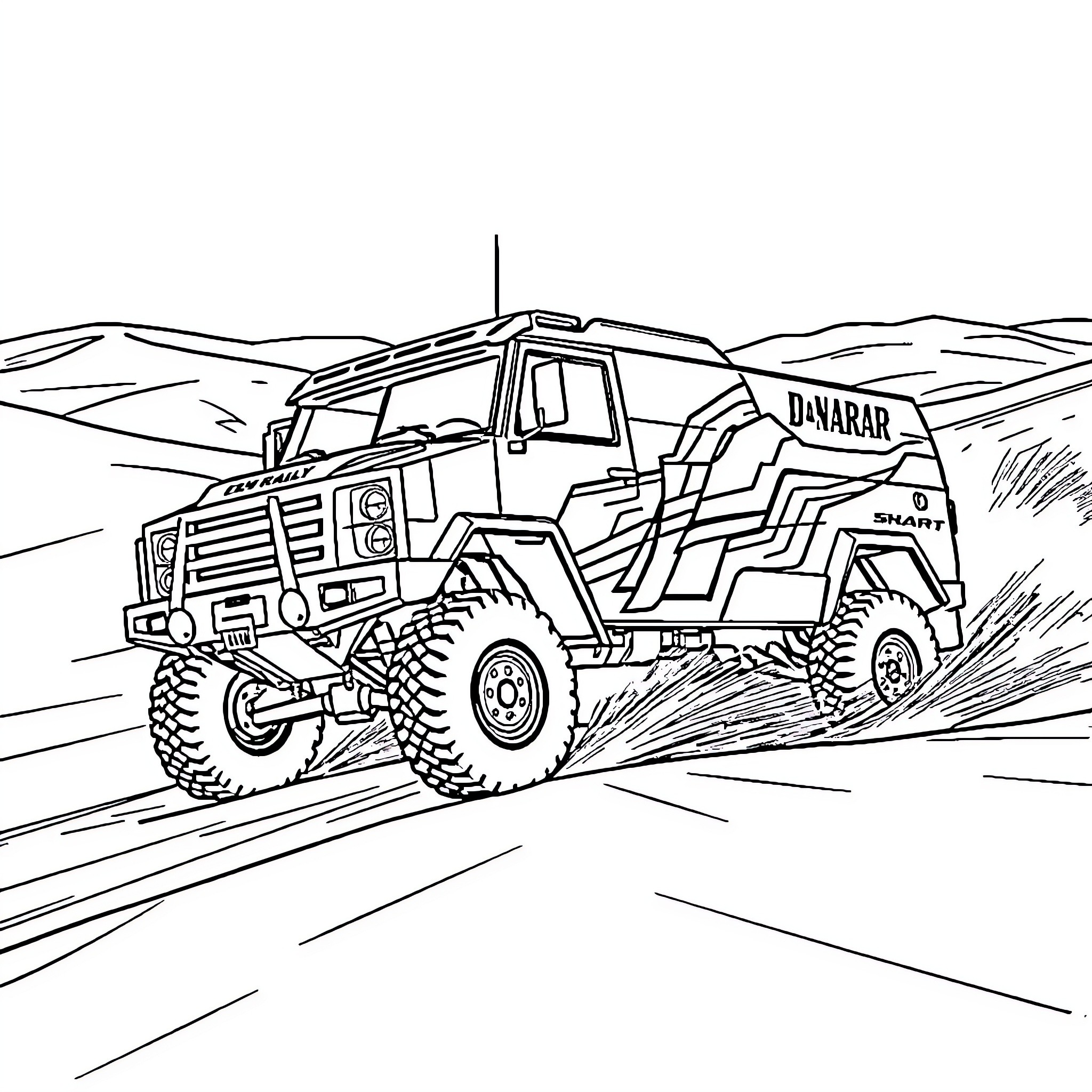 Truck traversing rugged terrain in the desert Coloring Page (free black-and-white line drawing printable PDF for all, from beginners to advanced learners, including children, teens, adults, and seniors)