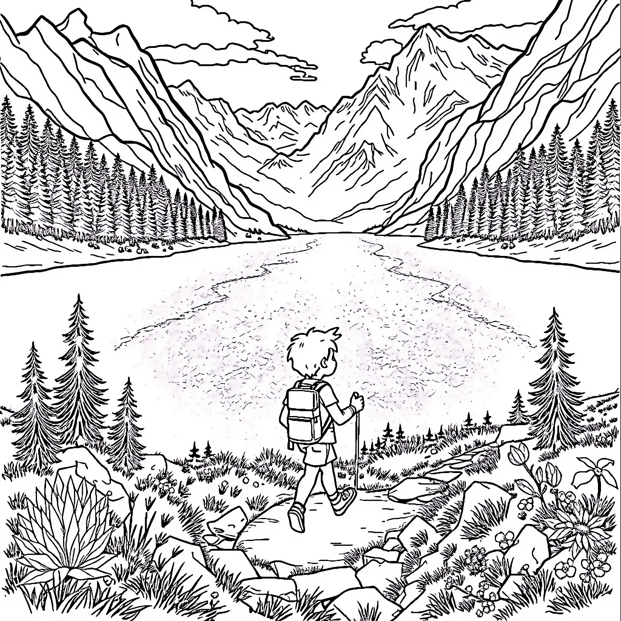 Hiker exploring scenic mountain landscape Coloring Page (free black-and-white line drawing printable PDF for all, from beginners to advanced learners, including children, teens, adults, and seniors)