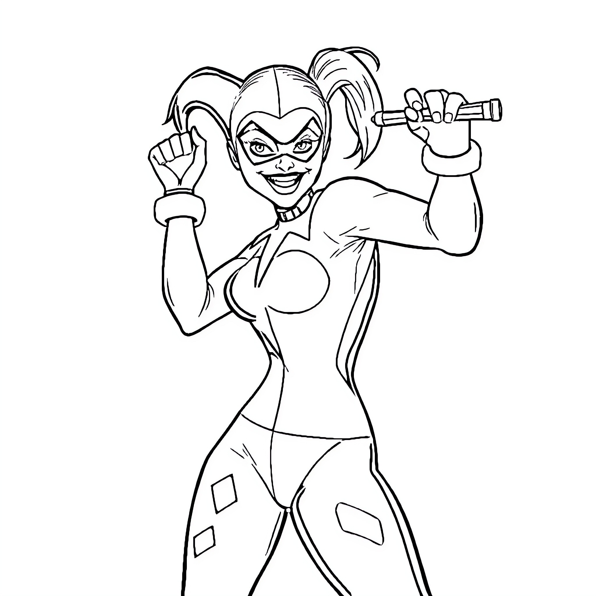 Harley Quinn in action pose with baseball bat Coloring Page (free black-and-white line drawing printable PDF for all, from beginners to advanced learners, including children, teens, adults, and seniors)