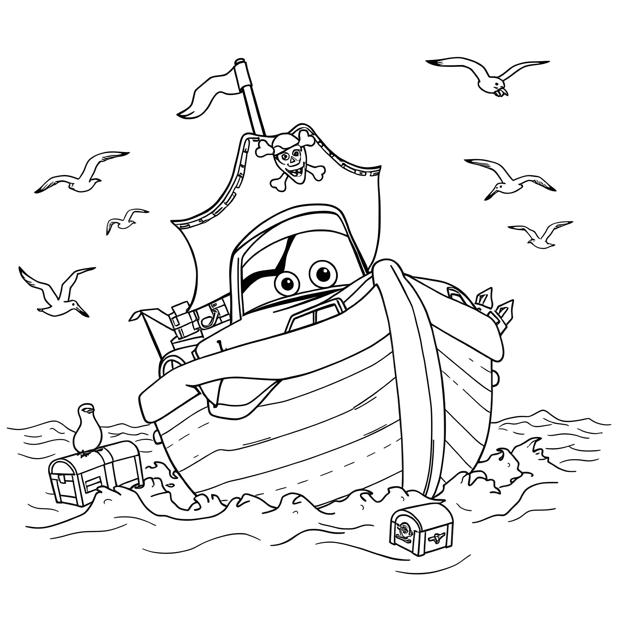 Lightning McQueen's Pirate Ship Adventure Coloring Page (free black-and-white line drawing printable PDF for all, from beginners to advanced learners, including children, teens, adults, and seniors)