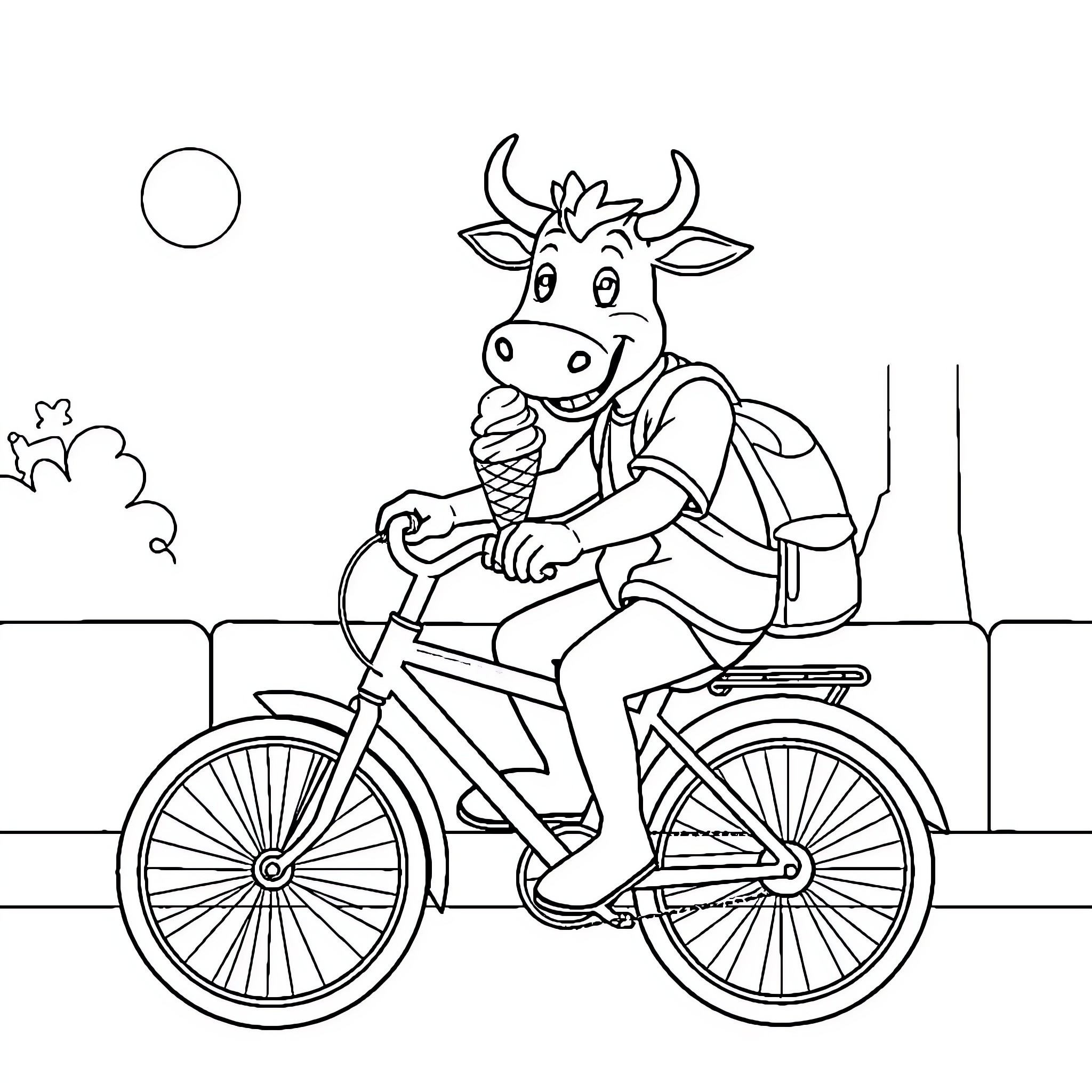 Moo Deng Cow Riding a Bicycle Happily Coloring Page (free black-and-white line drawing printable PDF for all, from beginners to advanced learners, including children, teens, adults, and seniors)
