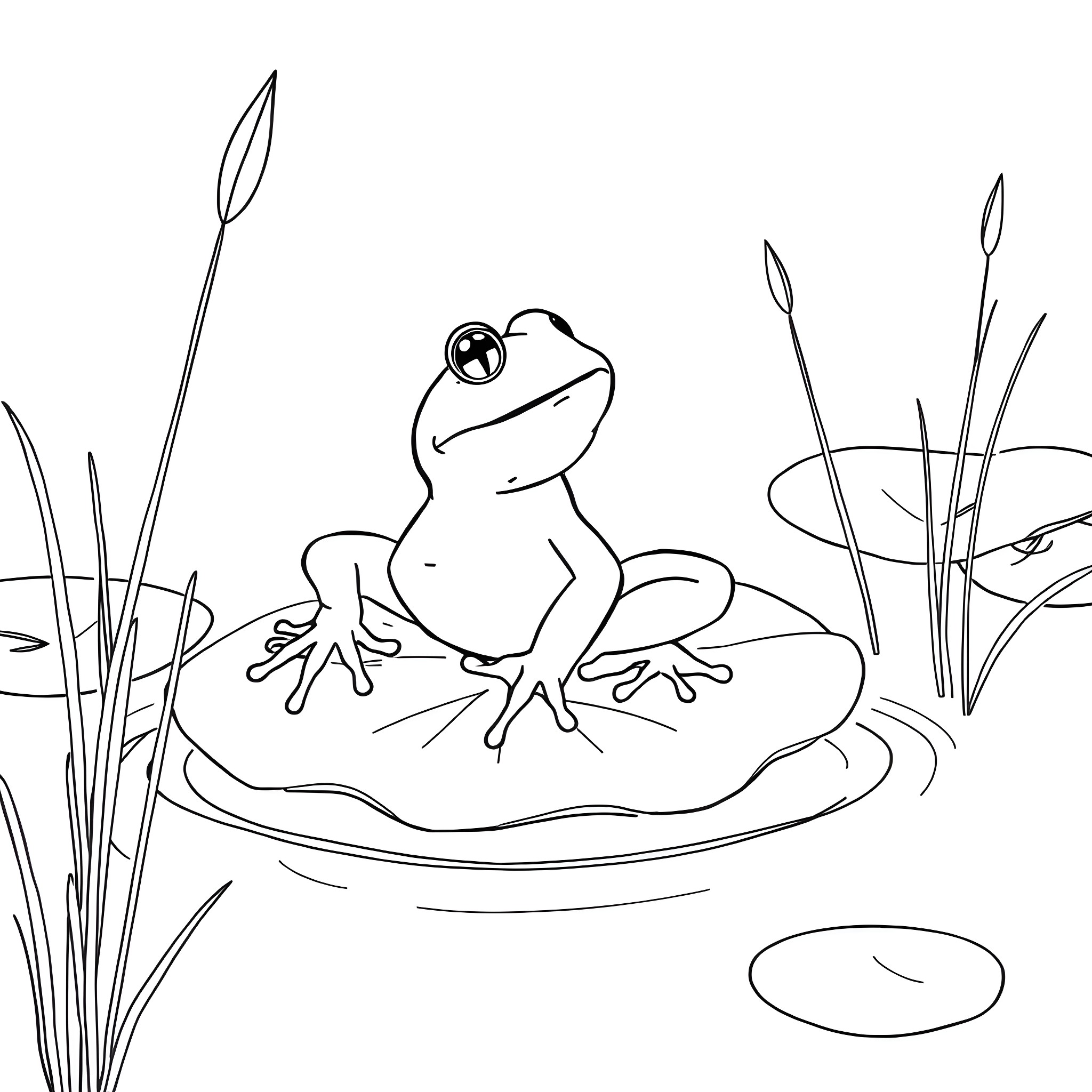 Frog relaxing on a lily pad Coloring Page (free black-and-white line drawing printable PDF for all, from beginners to advanced learners, including children, teens, adults, and seniors)