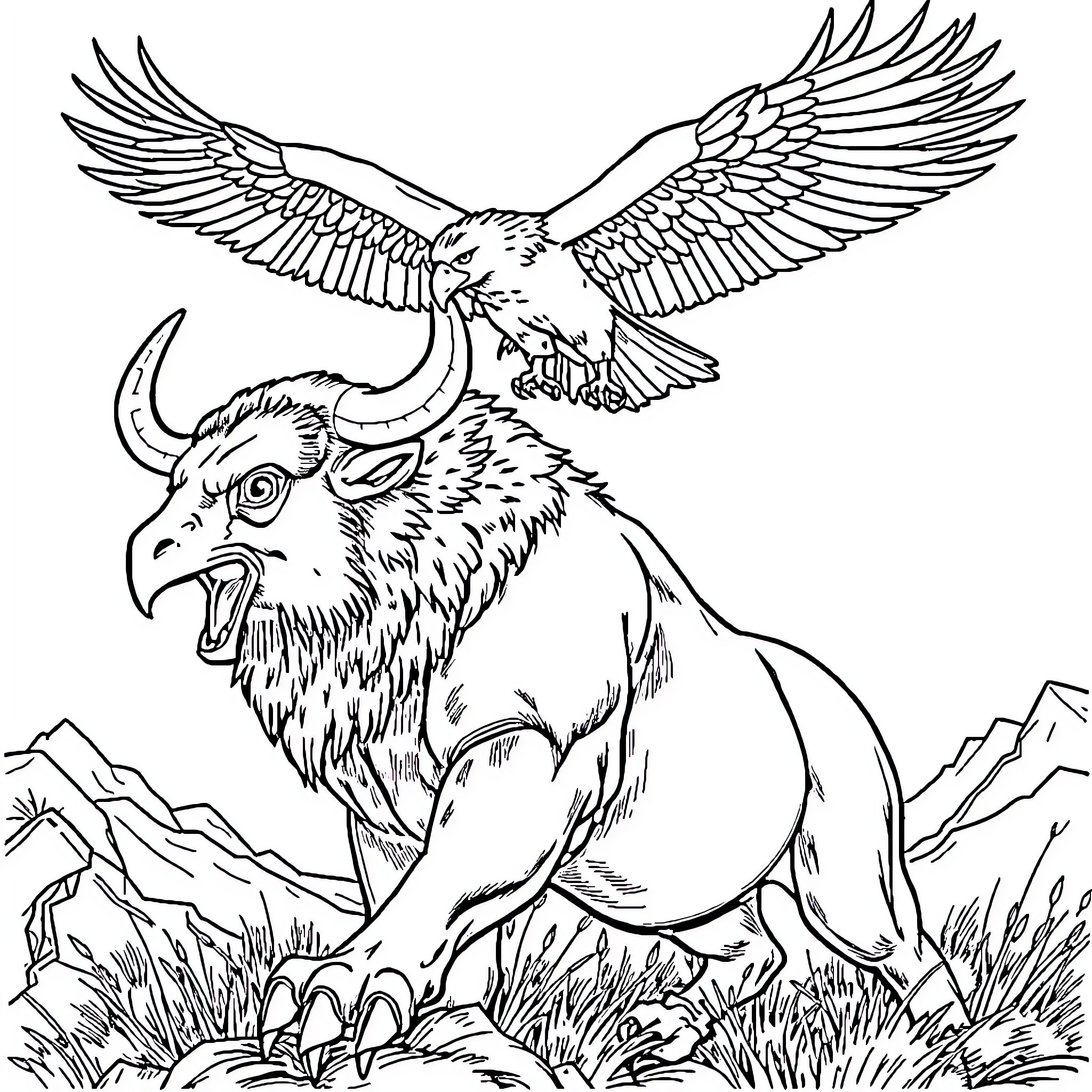 Bull with Majestic Wings Amid Mountainous Landscape Coloring Page (free black-and-white line drawing printable PDF for all, from beginners to advanced learners, including children, teens, adults, and seniors)