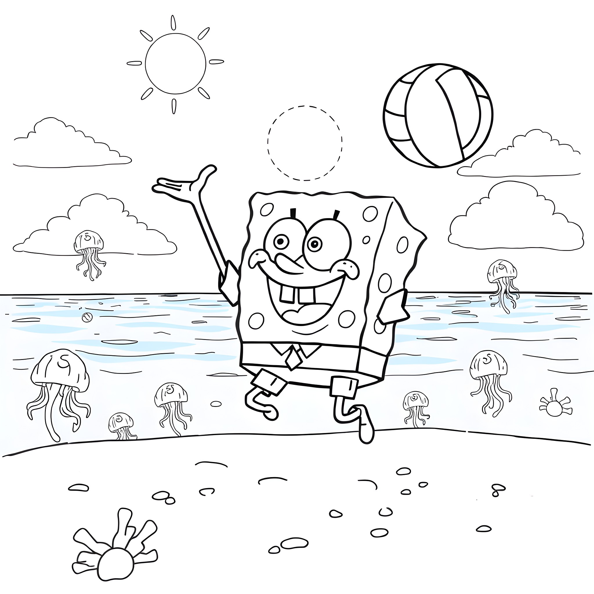 Spongebob enjoying a sunny day at the beach Coloring Page (free black-and-white line drawing printable PDF for all, from beginners to advanced learners, including children, teens, adults, and seniors)