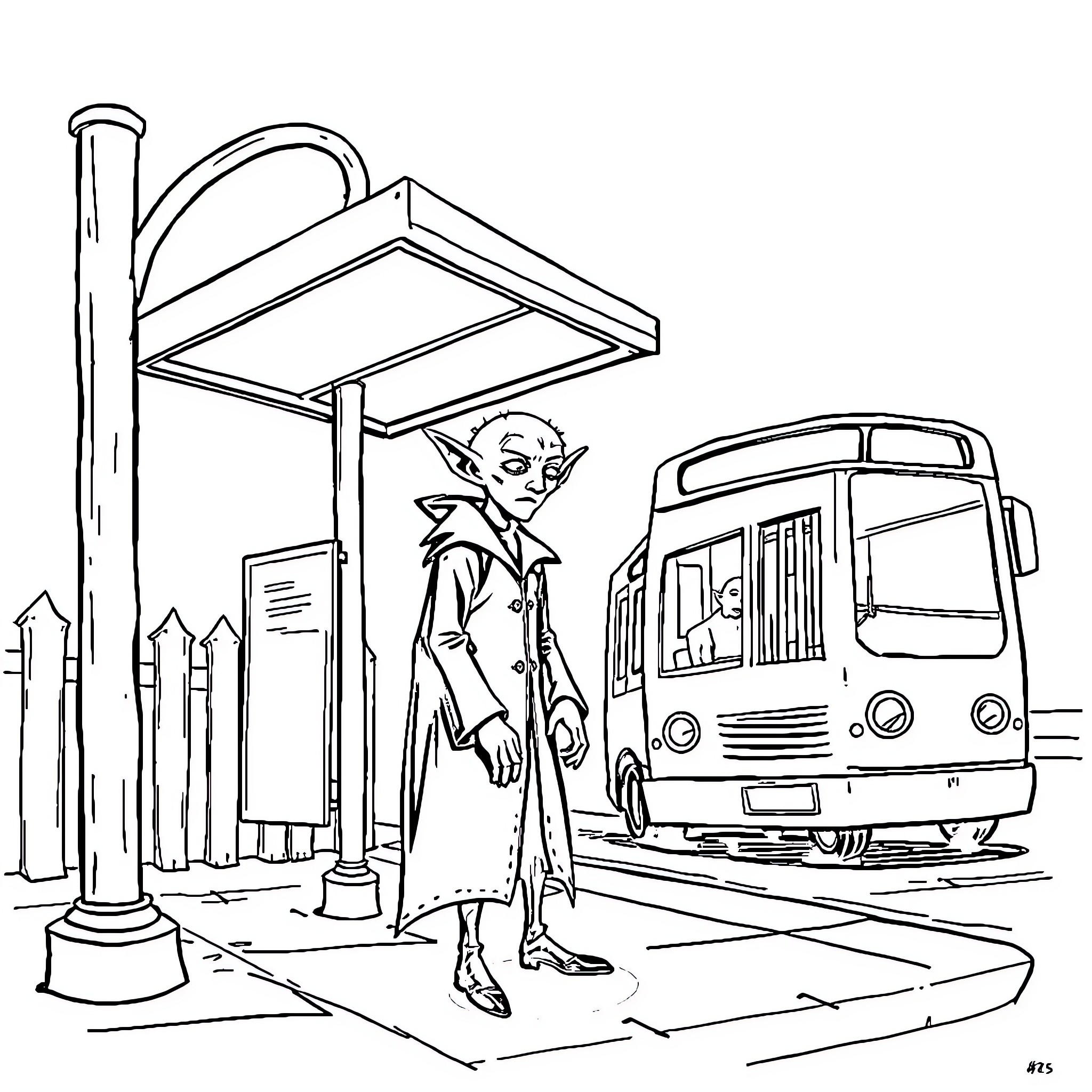 Nosferatu waiting at the tram station Coloring Page (free black-and-white line drawing printable PDF for all, from beginners to advanced learners, including children, teens, adults, and seniors)