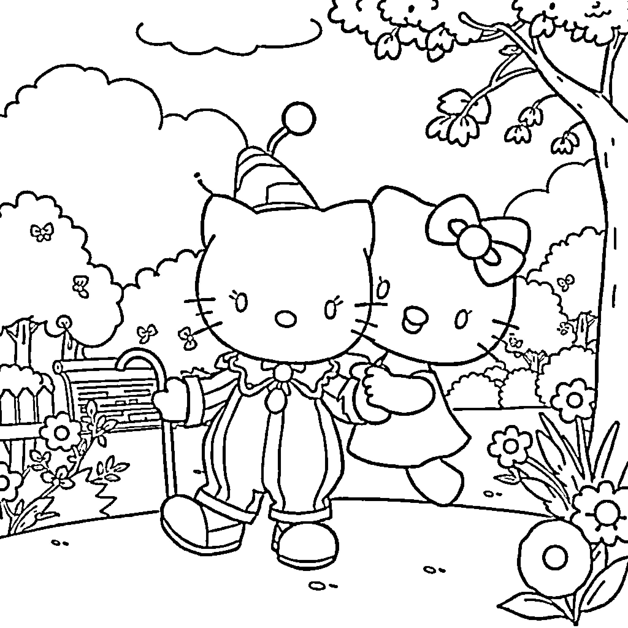 Plim Plim Kittens Explore Whimsical Garden Coloring Page (free black-and-white line drawing printable PDF for all, from beginners to advanced learners, including children, teens, adults, and seniors)