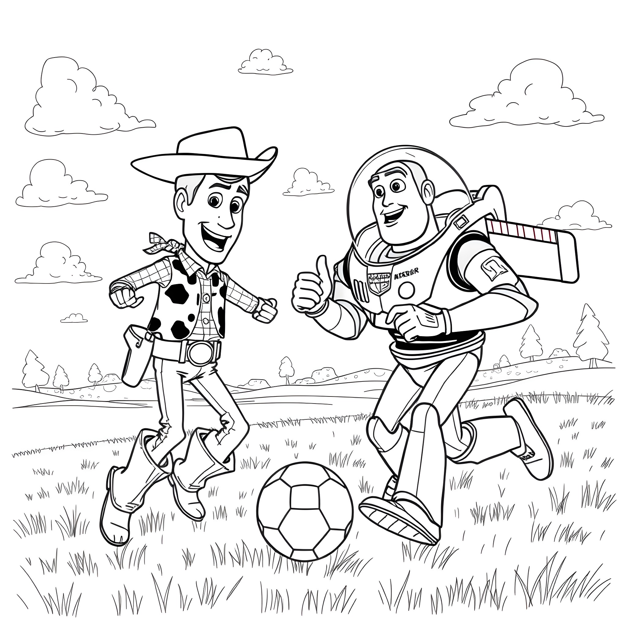 Woody and Buzz playing soccer in the park Coloring Page (free black-and-white line drawing printable PDF for all, from beginners to advanced learners, including children, teens, adults, and seniors)