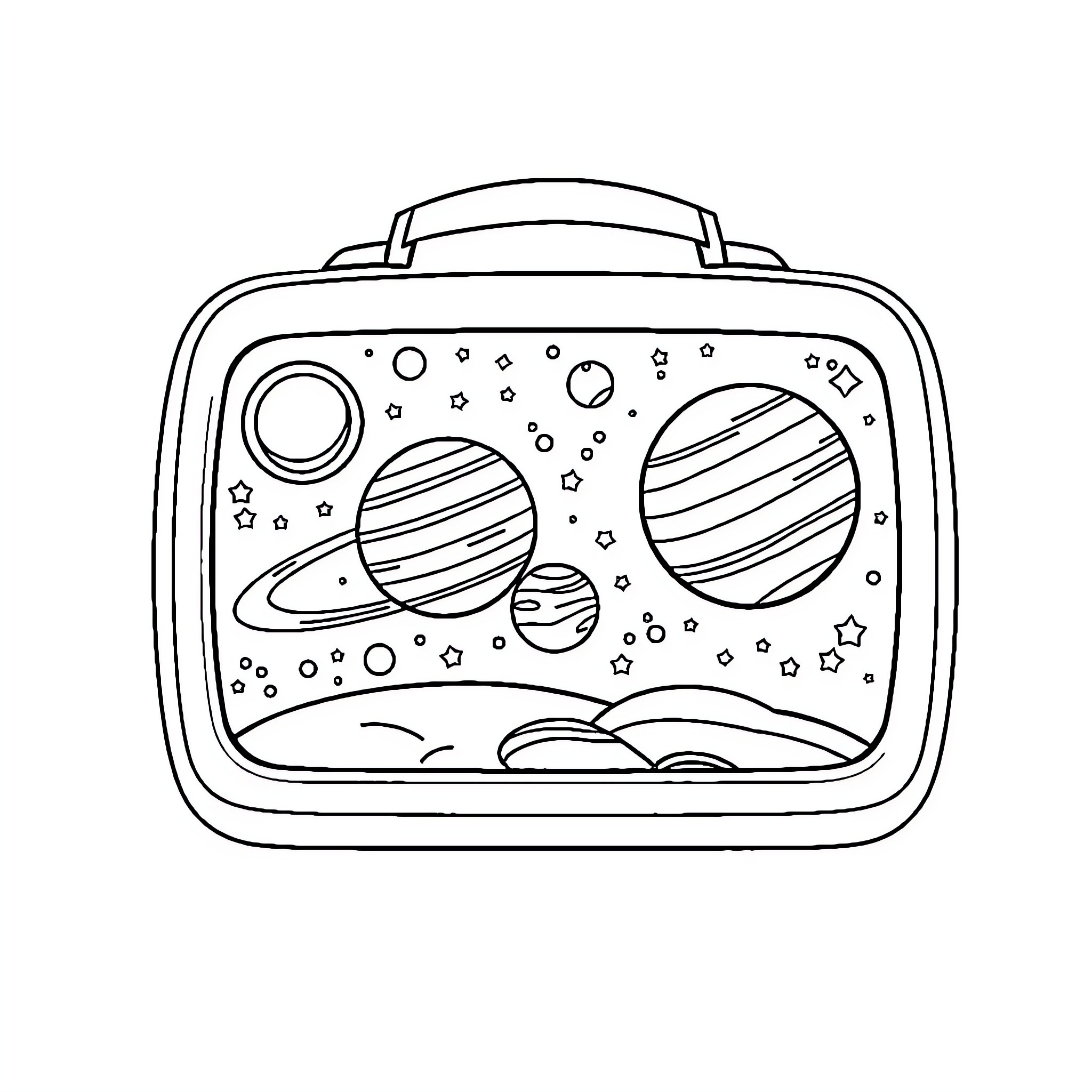Solar System Lunchbox with Planets and Stars Coloring Page (free black-and-white line drawing printable PDF for all, from beginners to advanced learners, including children, teens, adults, and seniors)