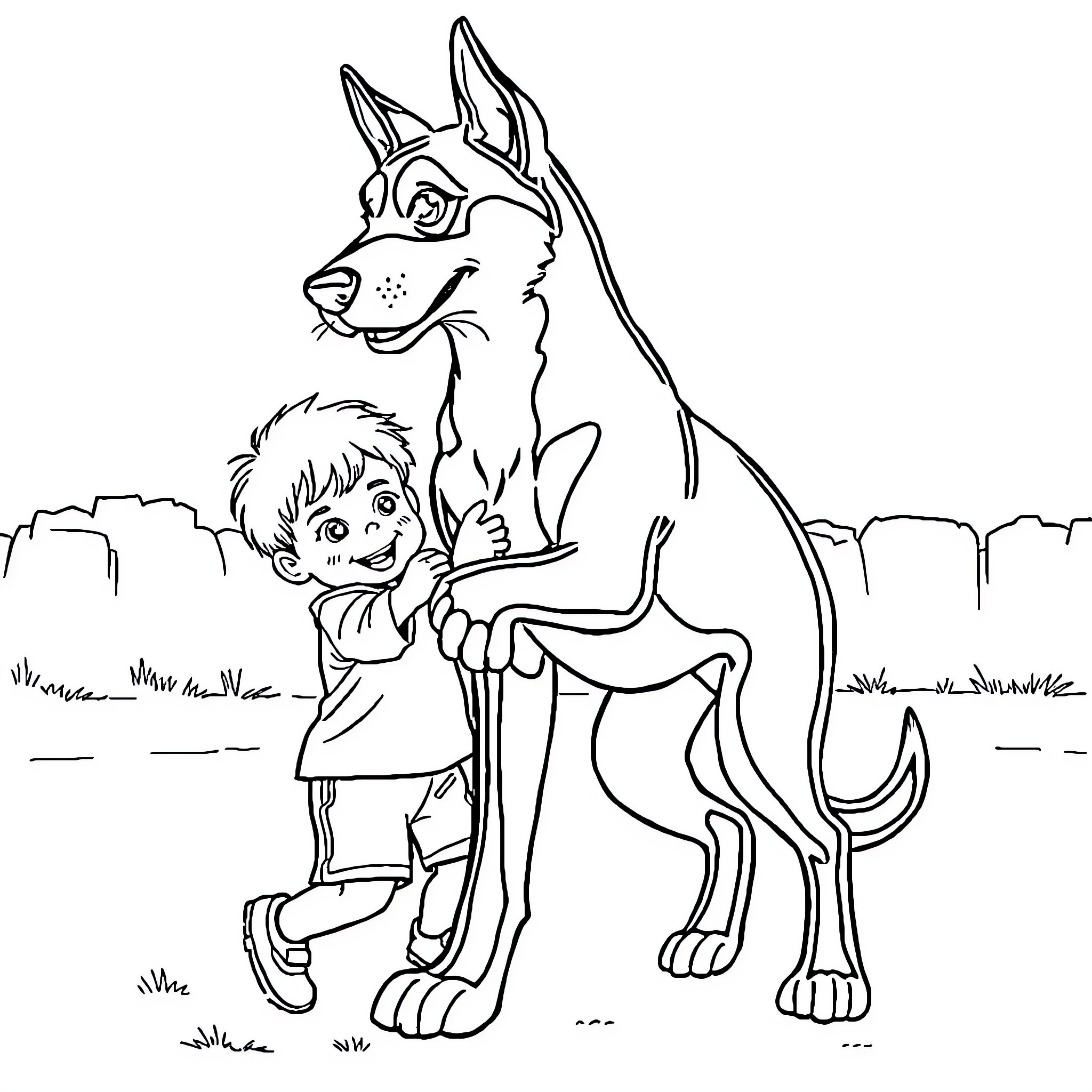 Dog and Boy Playing Outdoors Coloring Page (free black-and-white line drawing printable PDF for all, from beginners to advanced learners, including children, teens, adults, and seniors)