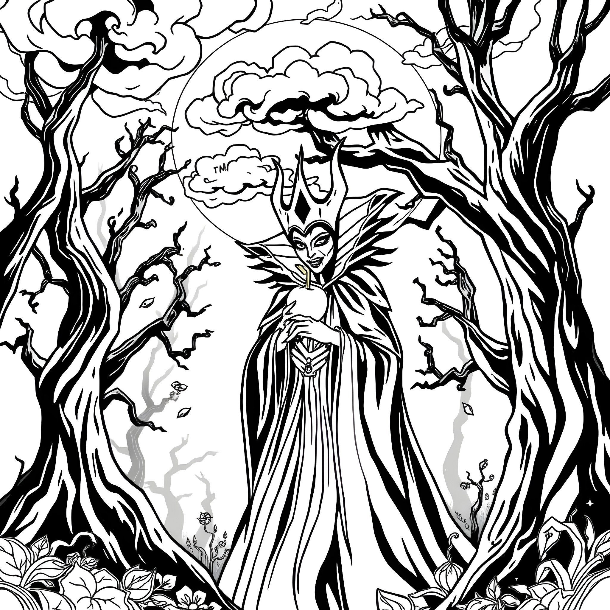 Snow White in a Mystical Forest Landscape Coloring Page (free black-and-white line drawing printable PDF for all, from beginners to advanced learners, including children, teens, adults, and seniors)