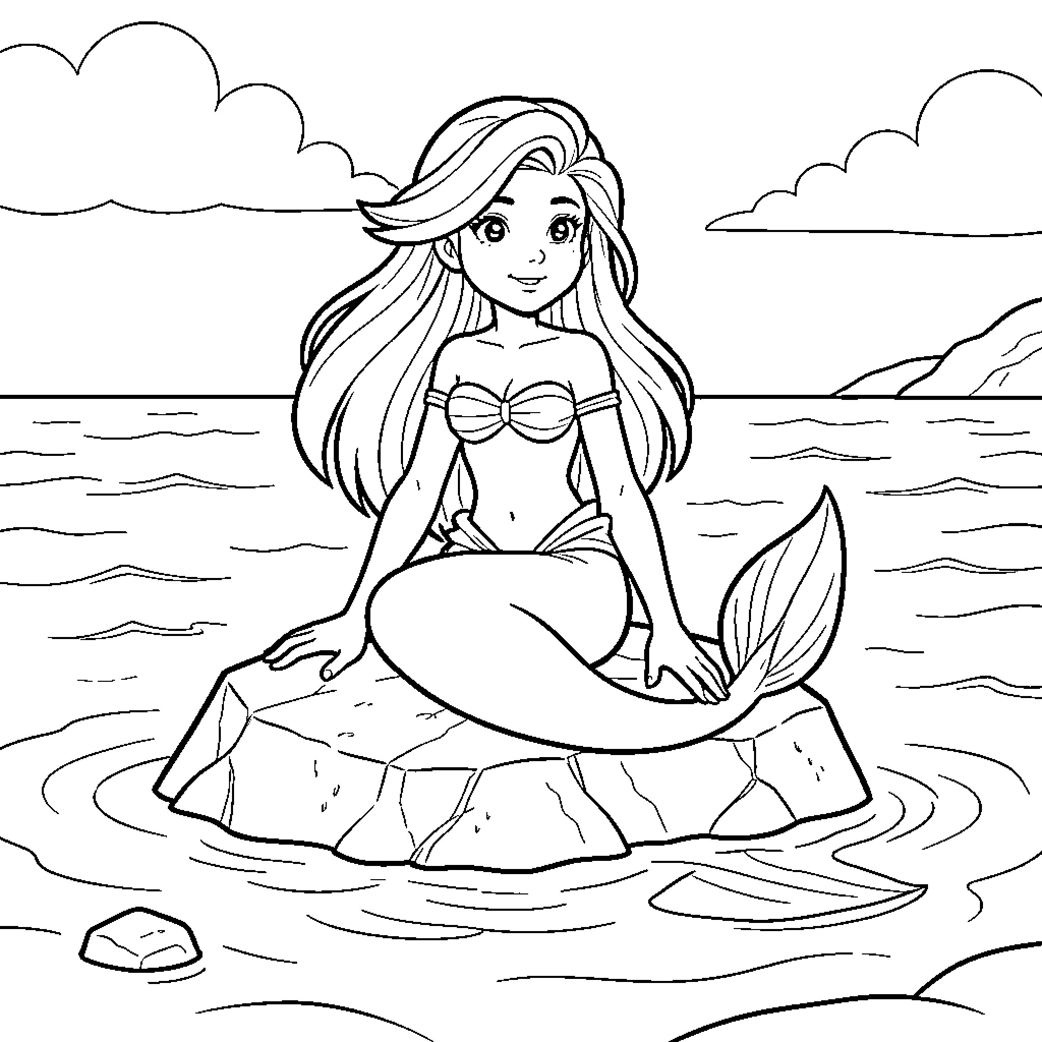 Ariel sitting peacefully on a rock by the sea Coloring Page (free black-and-white line drawing printable PDF for all, from beginners to advanced learners, including children, teens, adults, and seniors)
