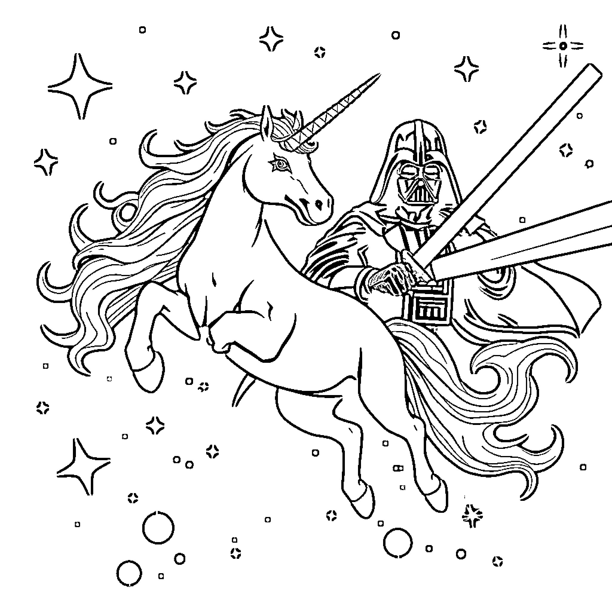 Unicorn and Warrior Battling in Starry Cosmos Coloring Page (free black-and-white line drawing printable PDF for all, from beginners to advanced learners, including children, teens, adults, and seniors)